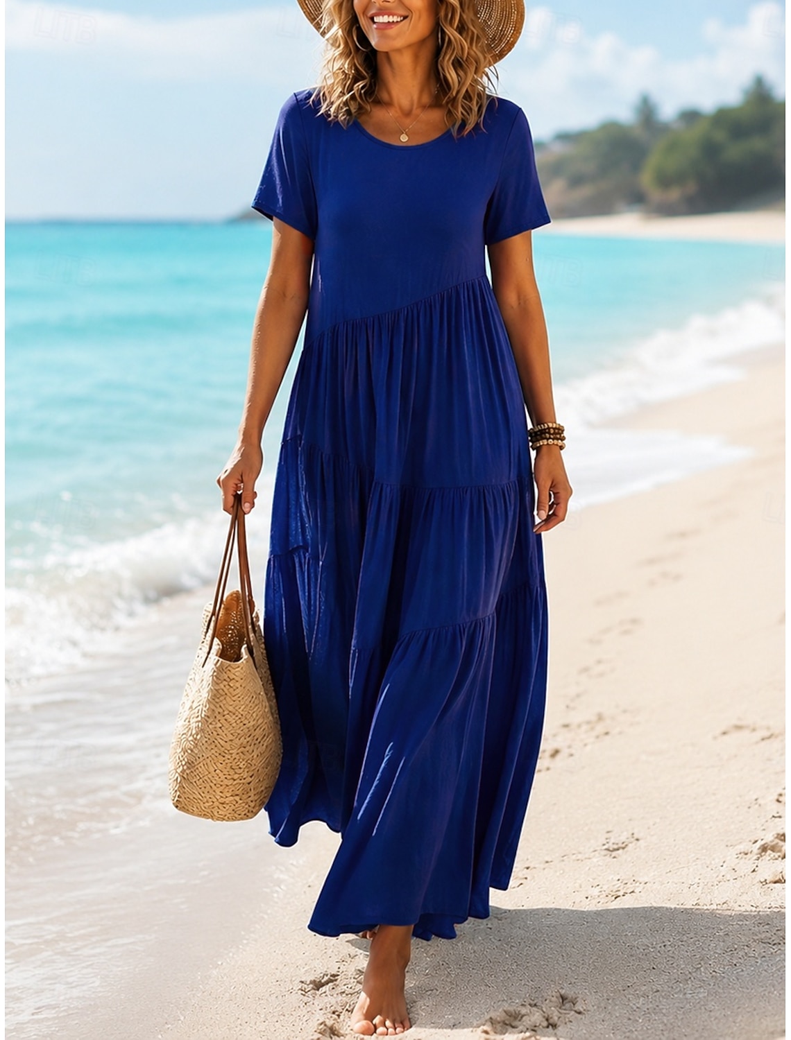 Women's Vintage Crew Neck Ruffle Pleated Asymmetric Maxi Dress Khaki Black White Pink Summer