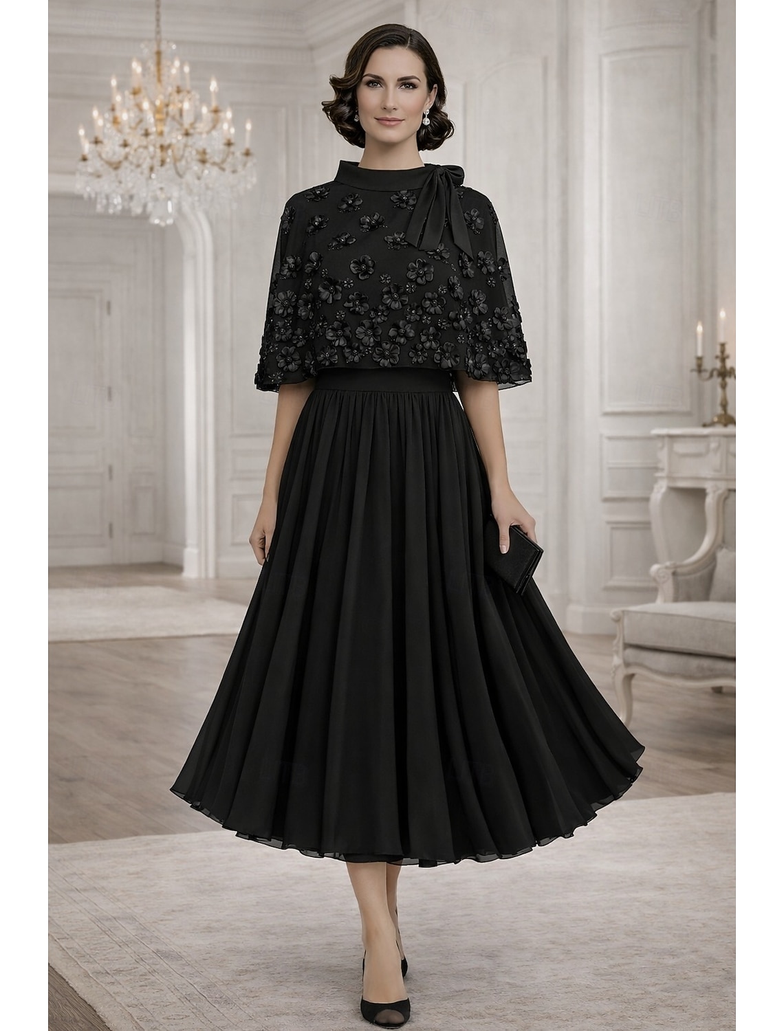 A-Line Tea Length Party Dress Cocktail Dress Wedding Guest Dress Mother of the Bride Dress Short Sleeve Crew Neck Boat Neck Elegant Formal Wedding Guest Family Gathering Chiffon Wrap Included with 3D