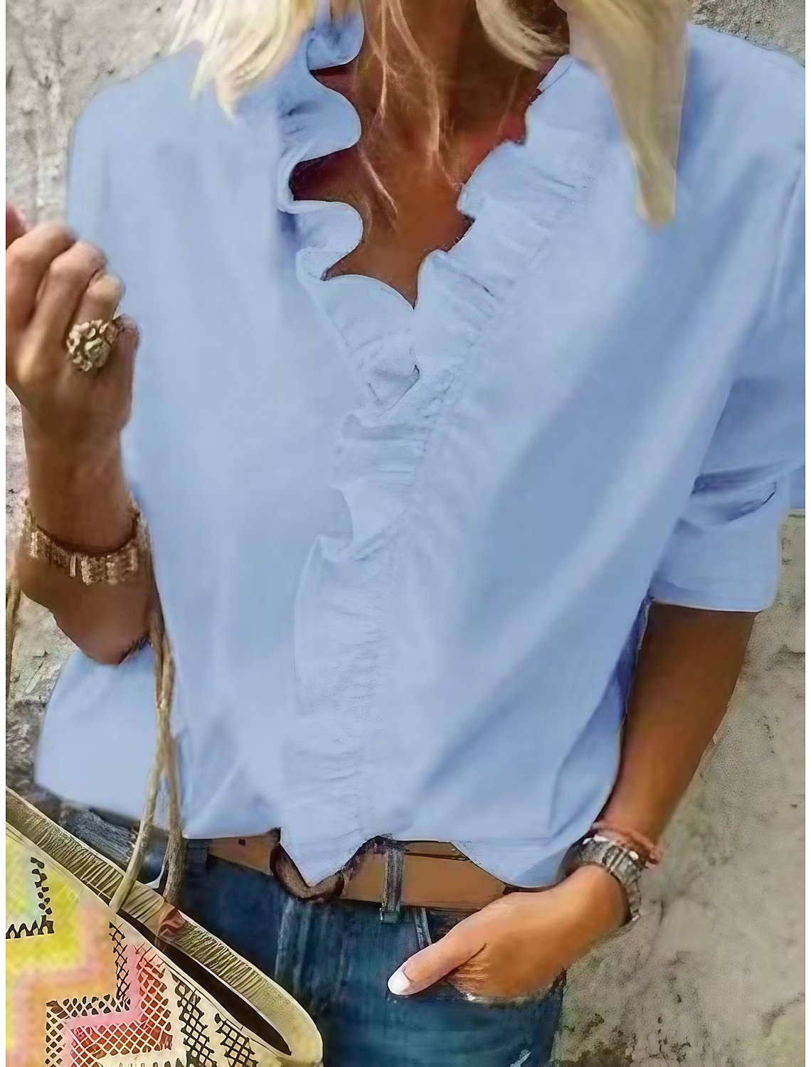 Women‘s Blouse Shirt V Neck Lettuce Trim Plain Modern V Neck Regular Spring & Fall Blue