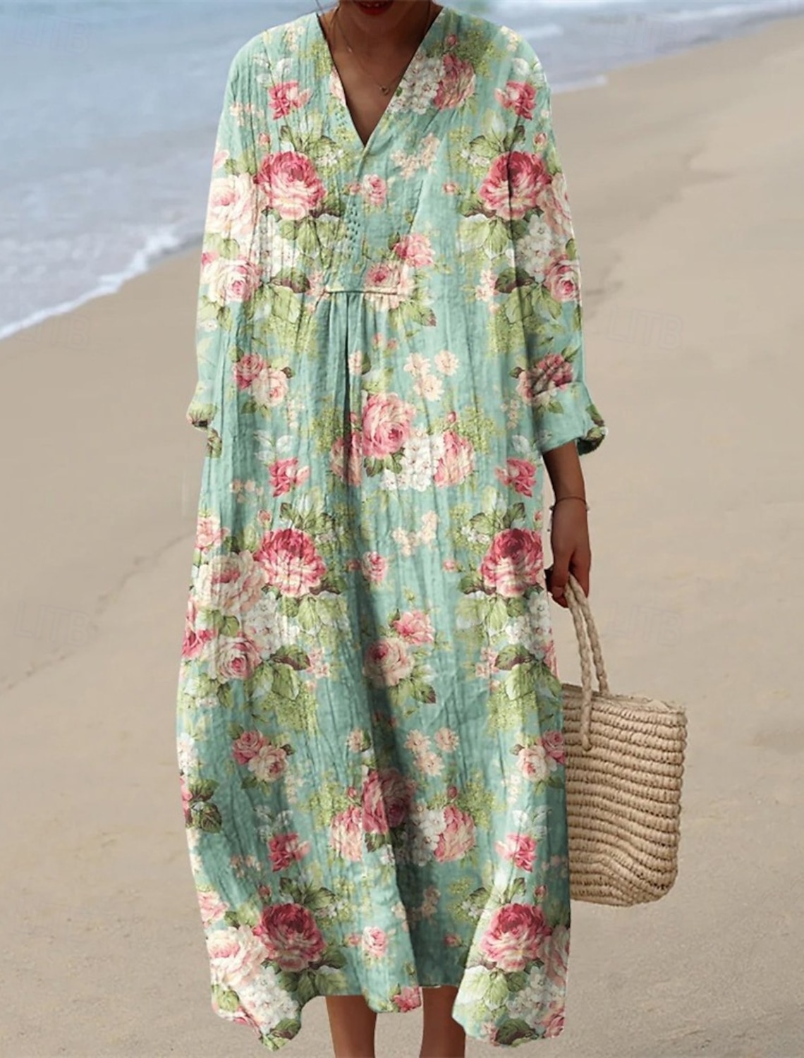 Women's Midi Dress Casual Dress Print Dress Fashion Modern Daily Beach Weekend Regular Fit Flower Long Sleeve V Neck Blue Yellow Light Green Pink Spring Fall
