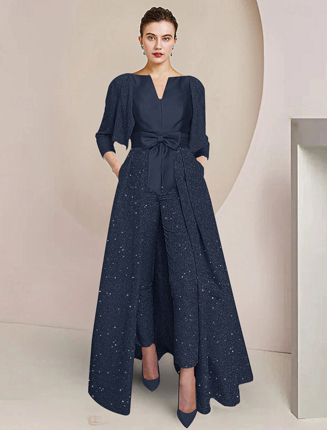 Jumpsuit Pantsuit 3 Piece Ankle Length Mother of the Bride Dress 3/4 Length Sleeve Scoop Neck Elegant Sparkle & Shine Formal Wedding Guest Wedding Party Sequined Wrap Included with Bow(s) Ruched