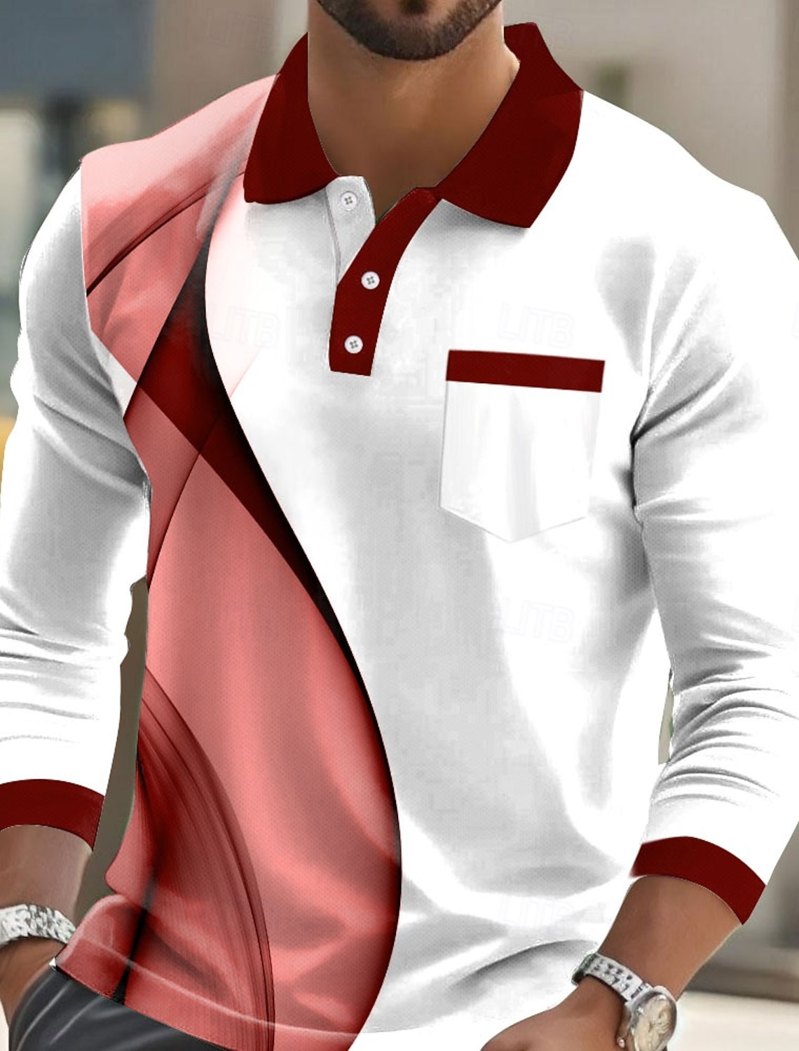 Men's Geometric Polo Long Sleeve Shirts Lapel Casual Business