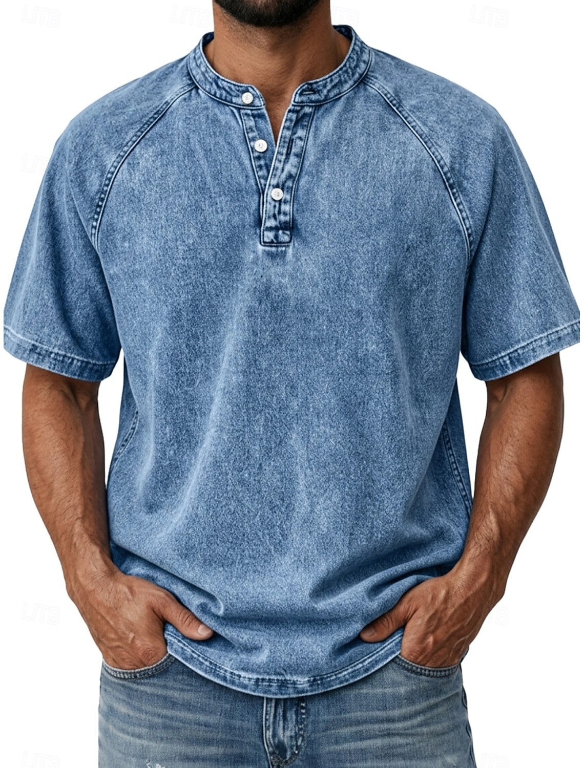 SoftFade™ Men's T Shirt Demin Shirt 100% Cotton Acid Wash Shirt Henley Top Short Sleeve Plain Vintage Streetwear Washed Raglan Sleeves Stand Collar Casual Home Street Spring Fall