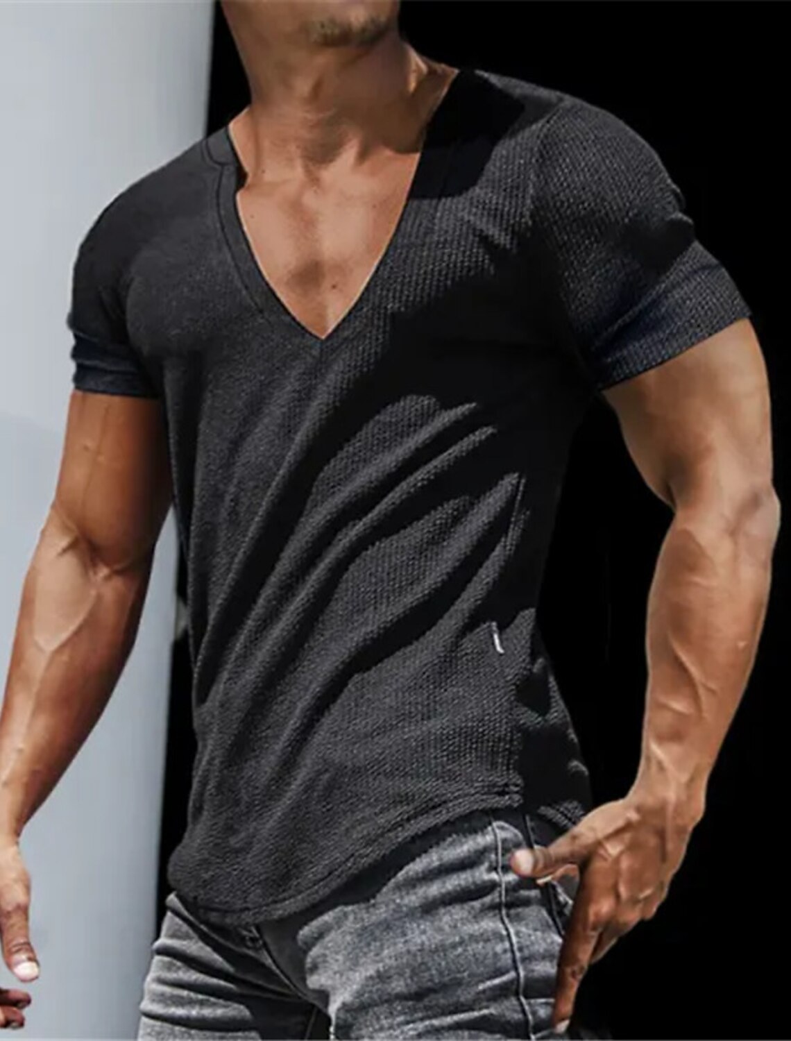 Men's T Shirt Rib Knit Top Muscle Ribbed tee Short Sleeves V Neck