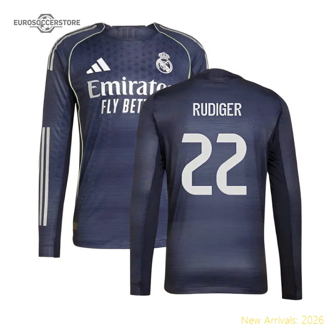 2025-2026 Real Madrid Long Sleeve Away Shirt (Rudiger 22)