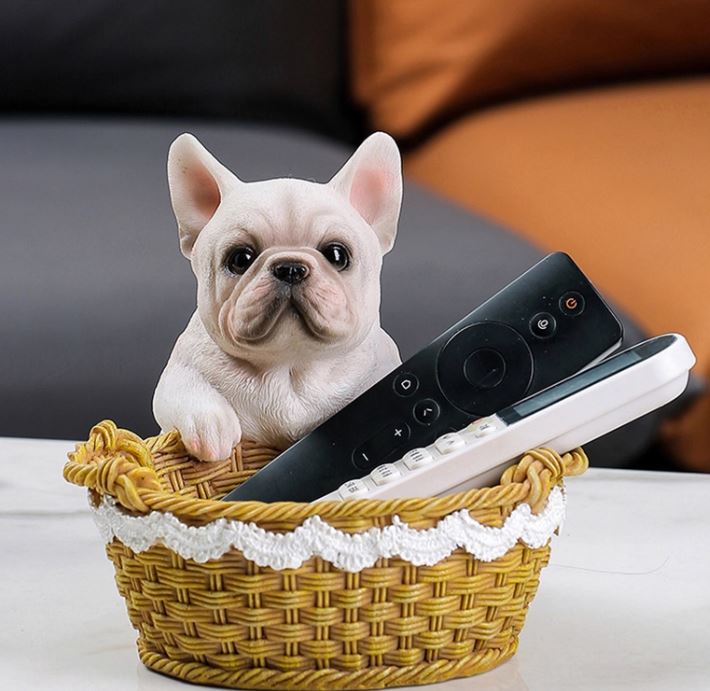 FetchTray Frenchie Basket Storage Tray – Cute Resin Dog Figurine for Home Decor