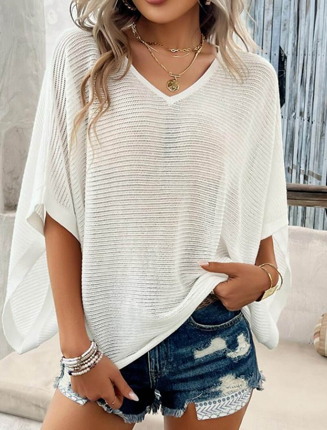 Women's Knitted Top V-neck Short Sleeve Elastic Soft Burnt Casual Loose Fit Versatile Spring Fall Clothing Apparel