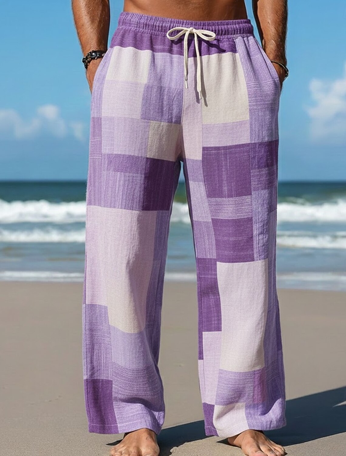 Men's Geometric Color Block Patchwork Trousers Baggy Pants Casual Mid