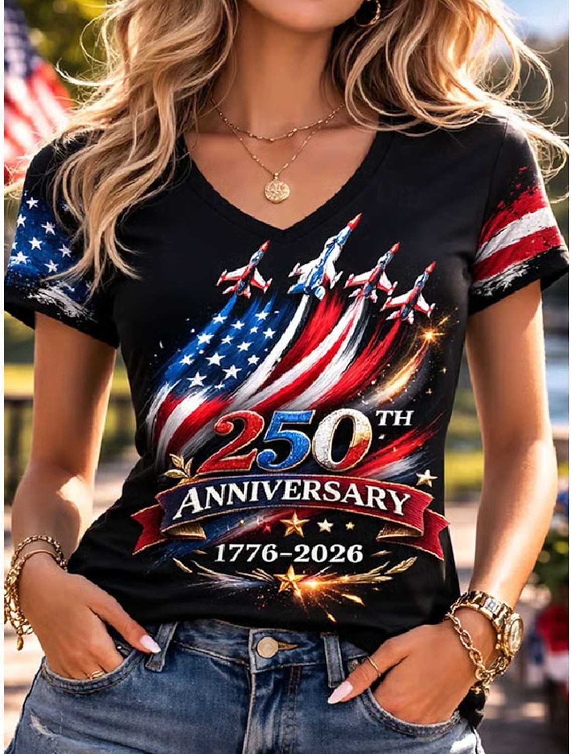American Independence Day Women's T Shirt Print Graphic Flag Vintage Stylish Classic Short Sleeve V Neck Regular Tops Daily Blue White Red Summer Spring
