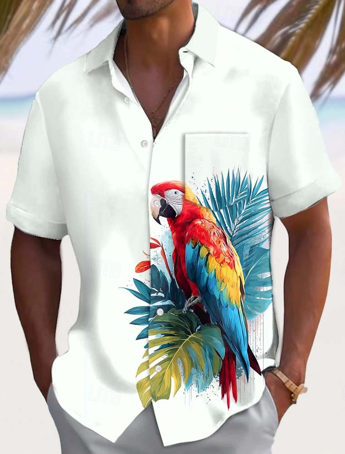Men's Parrot Tropical Plants Flowers Summer Hawaiian Shirt Button Up Shirt Aloha Shirt Short Sleeve Hawaiian Casual Vacation Summer Spring Turndown 3D Print Collared Shirts Front One Pocket White 1