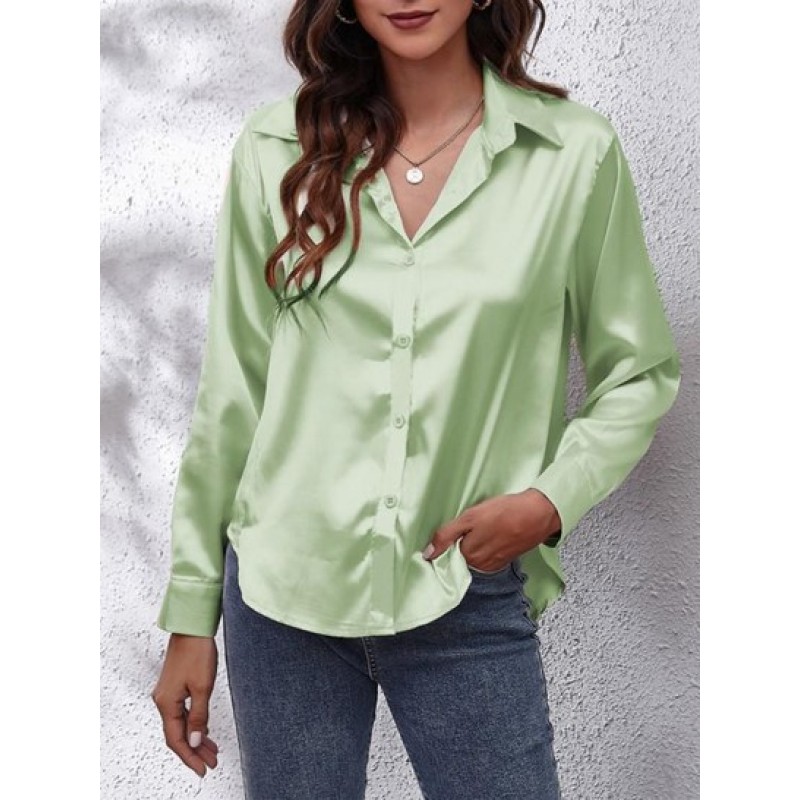 Neutral Solid Silky Satin Button Down Shirt LD1955