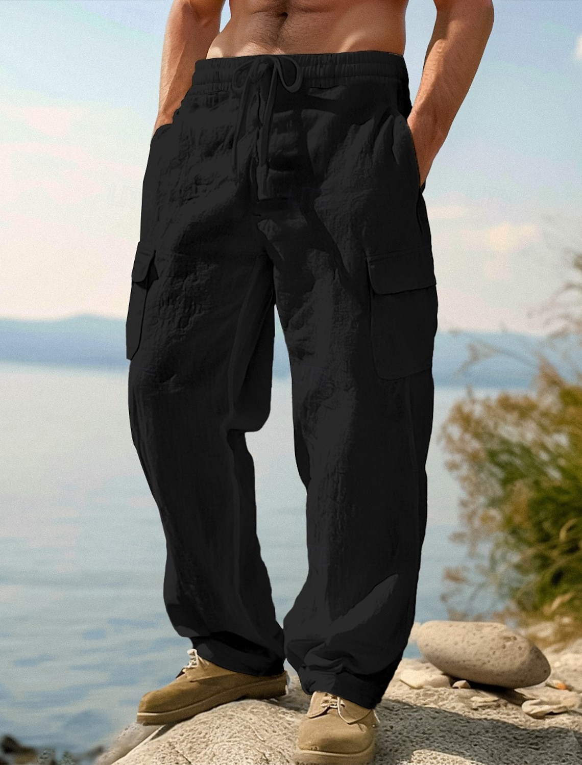Men's Cargo Shorts Shorts Linen Shorts Summer Shorts Beach Shorts Drawstring Elastic Waist Multi Pocket Plain Knee Length Outdoor Beach Vacation Hawaiian Black White Inelastic