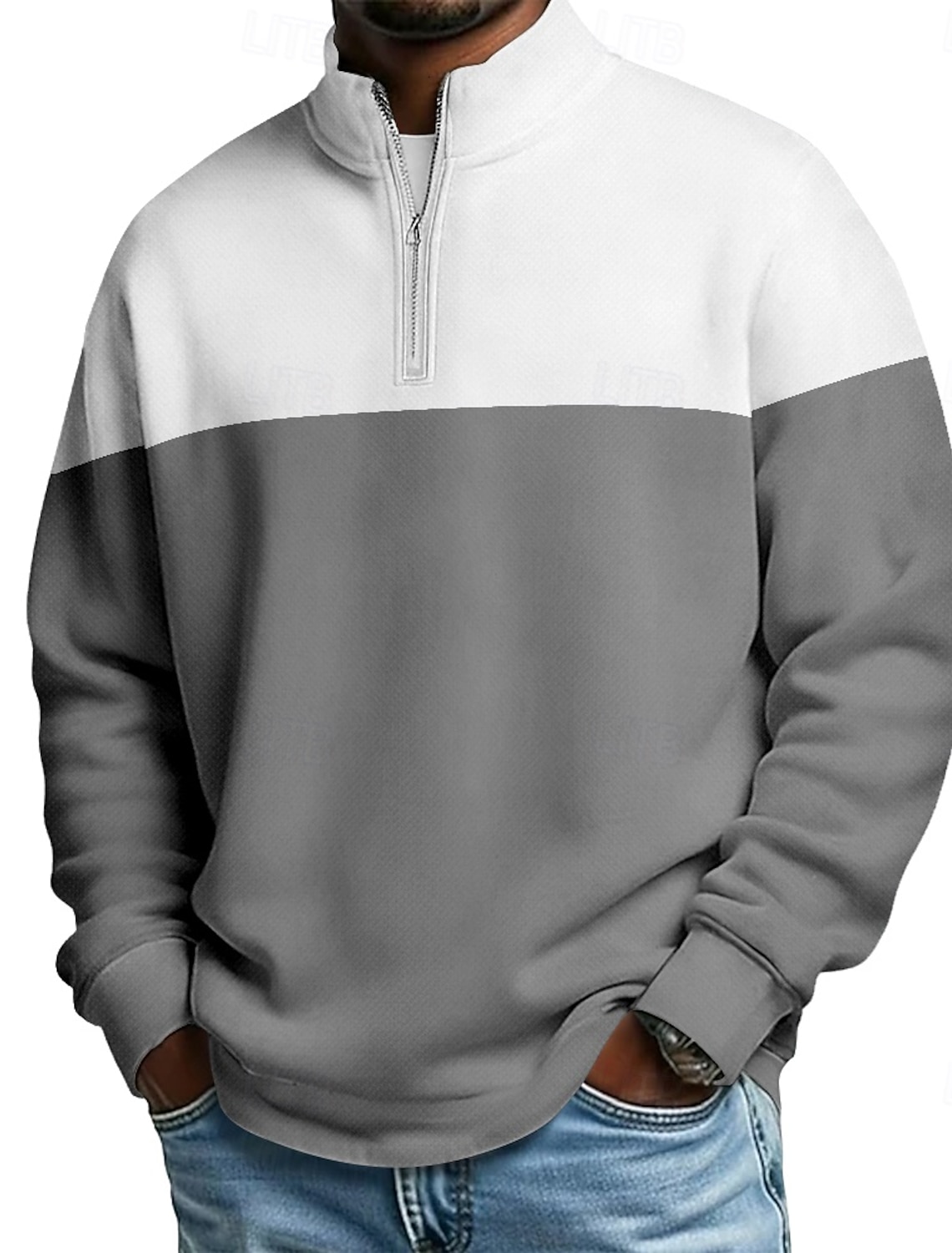 Men's Color Block Zip Polo Shirts Long Sleeve Grandad Collar Casual