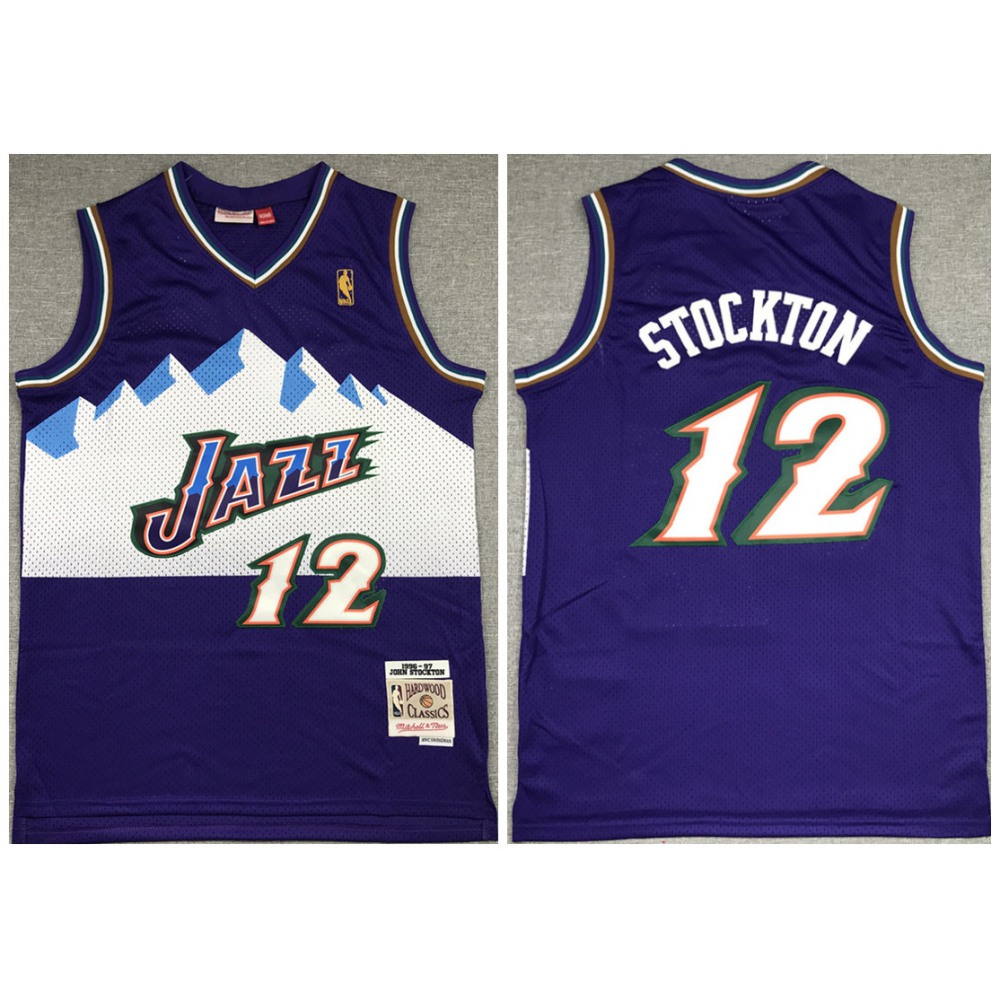 Men's Utah Jazz #12 John Stockton Purple Throwback Stitched Jersey