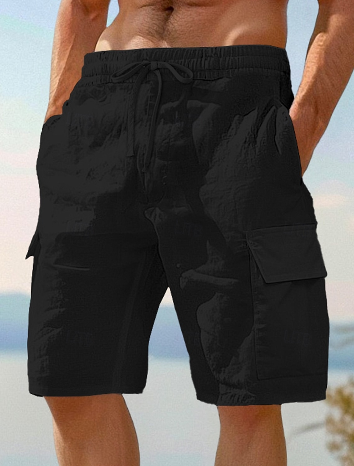 Men's Cargo Shorts Shorts Linen Shorts Summer Shorts Beach Shorts Drawstring Elastic Waist Multi Pocket Plain Knee Length Outdoor Beach Vacation Hawaiian Black White Inelastic