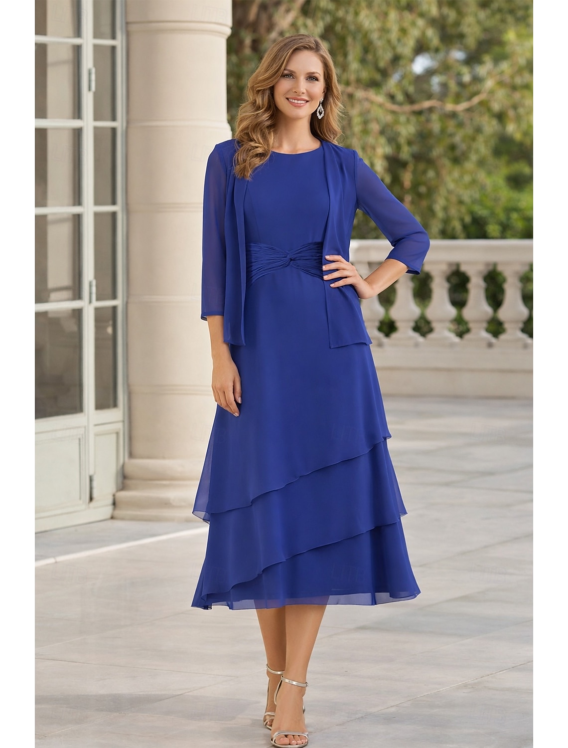 Two Piece Sheath Column Tea Length Wedding Guest Dress Mother of the Bride Dress 3/4 Length Sleeve Crew Neck Jewel Neck Elegant Wedding Guest Chiffon Wrap Included with Ruching