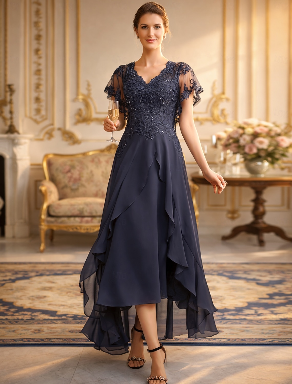 A-Line Tea Length Party Dress Cocktail Dress Wedding Guest Dress Mother of the Bride Dress Short Sleeve V Neck Elegant Formal Wedding Guest Formal Evening Chiffon with Solid Color