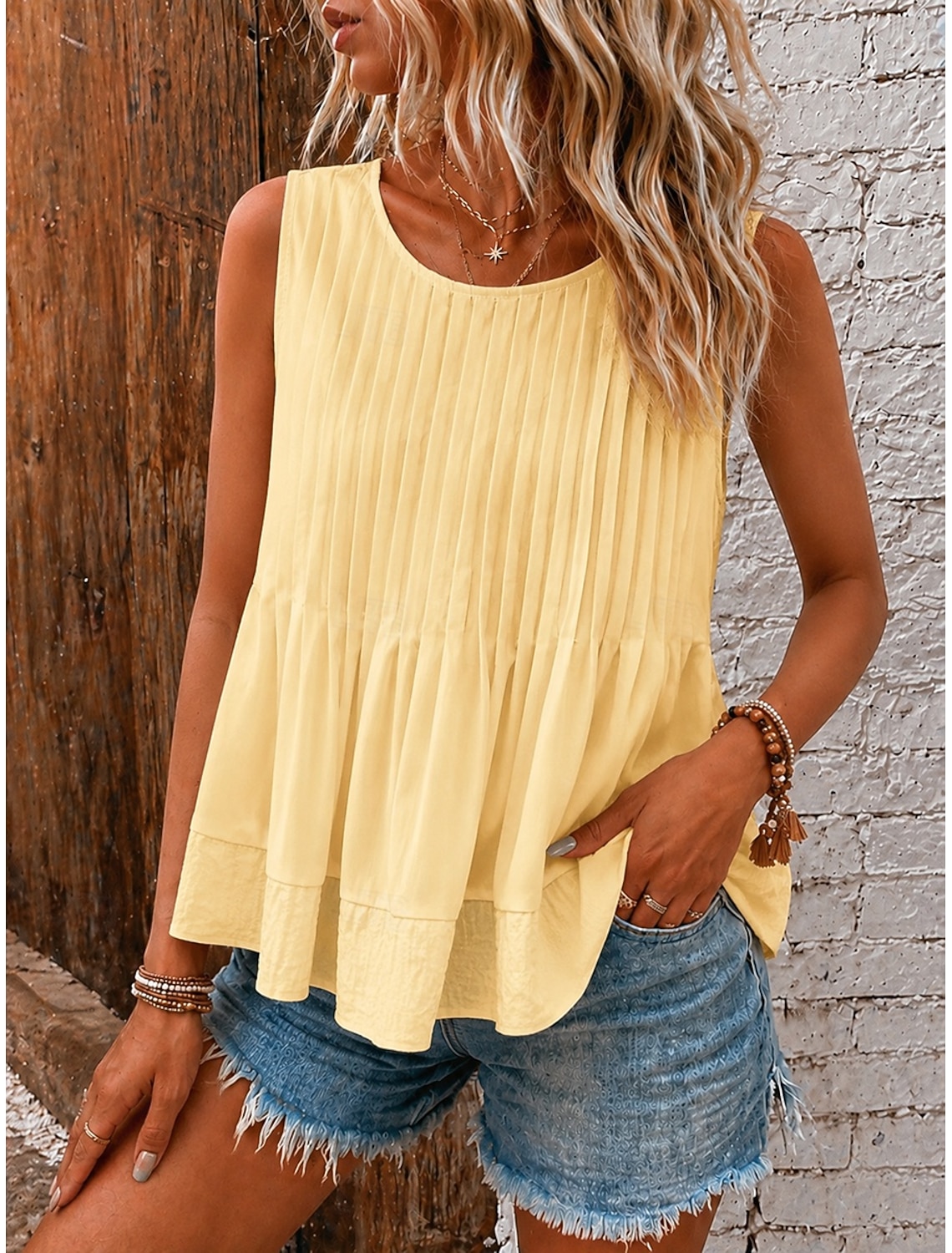 Women's Blouse Texture Pleated Patchwork Vintage Sleeveless Regular Tops Casual Blue White Yellow Pink Red Summer Spring