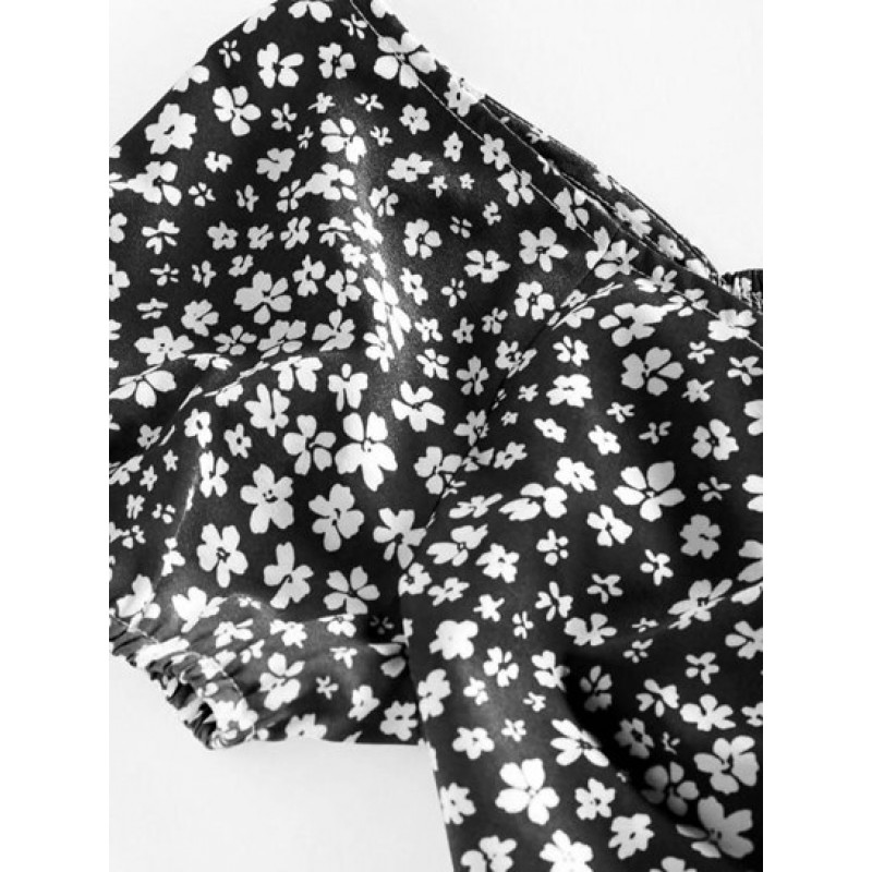 Ditsy Print Smocked Cinched Peplum Blouse CW4405