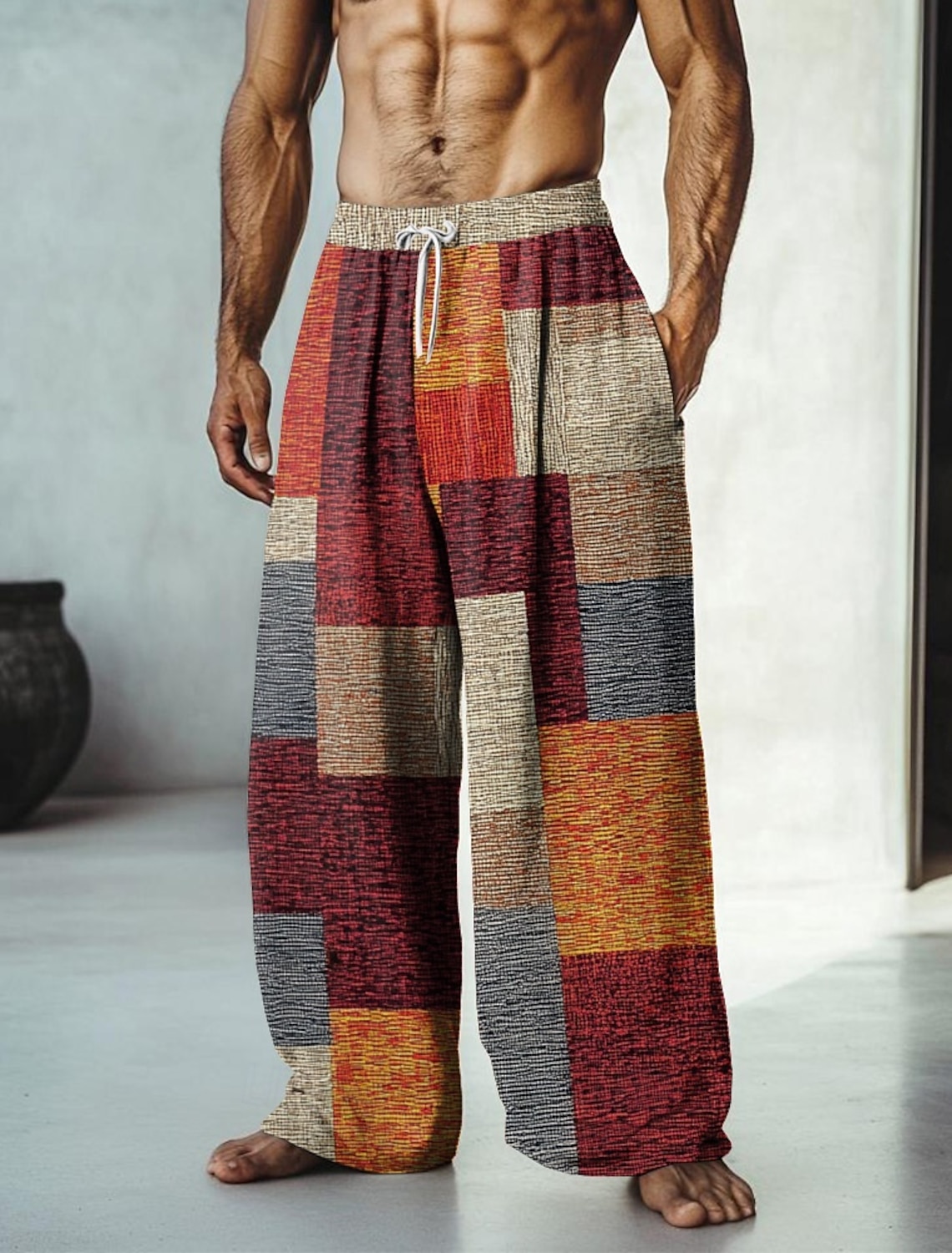 Men's Color Block Patchwork Pants Trousers Mid Waist Drawstring Elastic Waist Hawaiian Casual Outdoor Vacation Holiday Straight Leg Trousers Summer Spring Fall 3D Print Yellow Red Blue