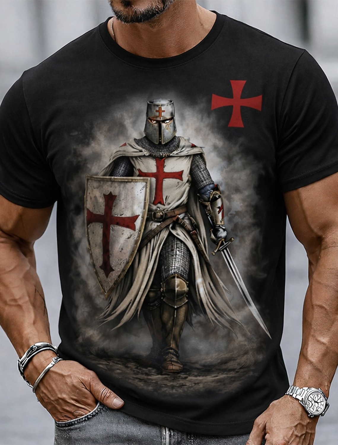 Men's Knight Templar Red Cross Sword Shield Crusader Medieval Christian Vintage Heroic Short Sleeve T-Shirt All Over Print Casual Fit Streetwear Daily Wear Designer Clothing Apparel S M L XL XXL XXXL