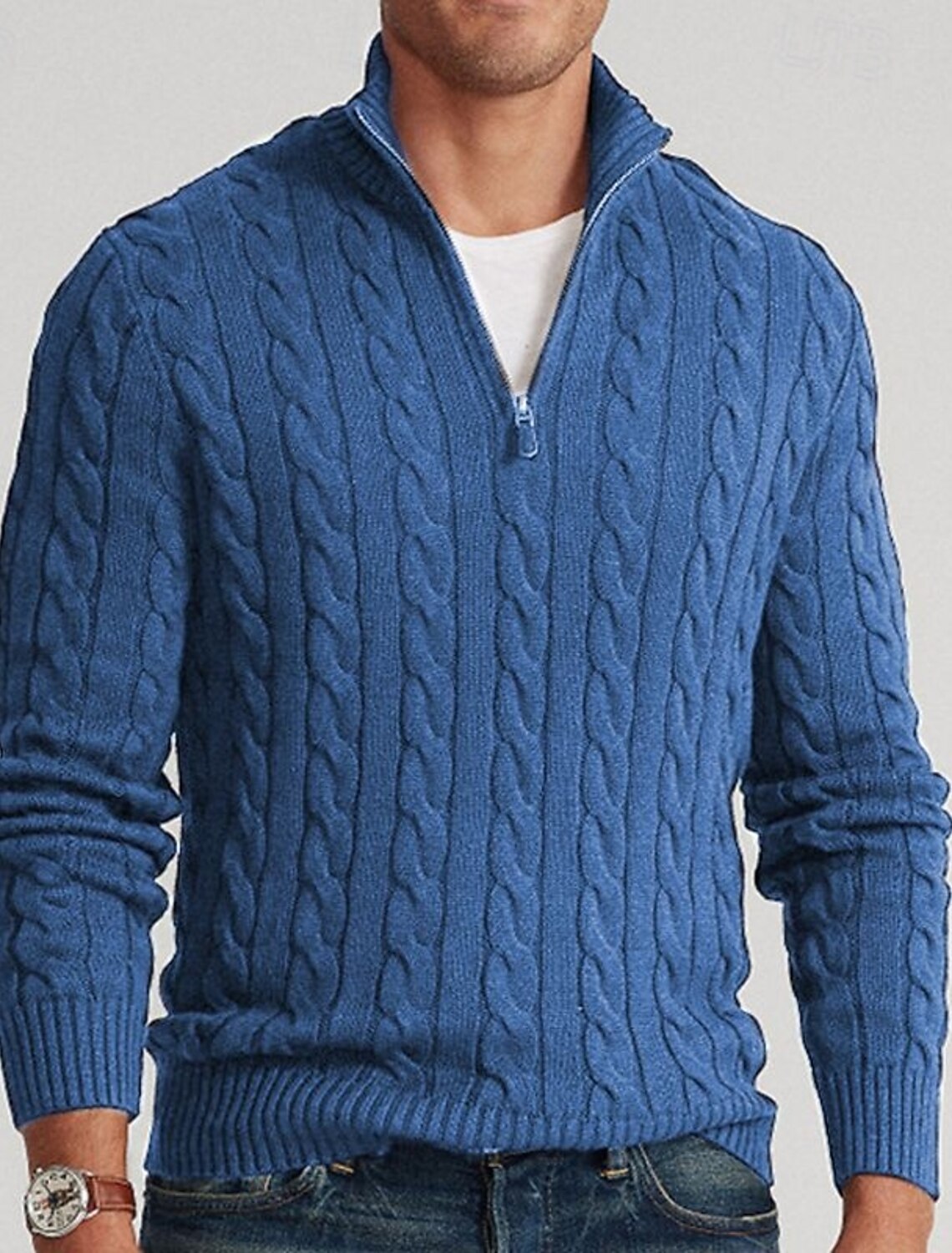 Men's Sweater Zip Quarter Pullover Ribbed Cable Knit Cropped Knitted