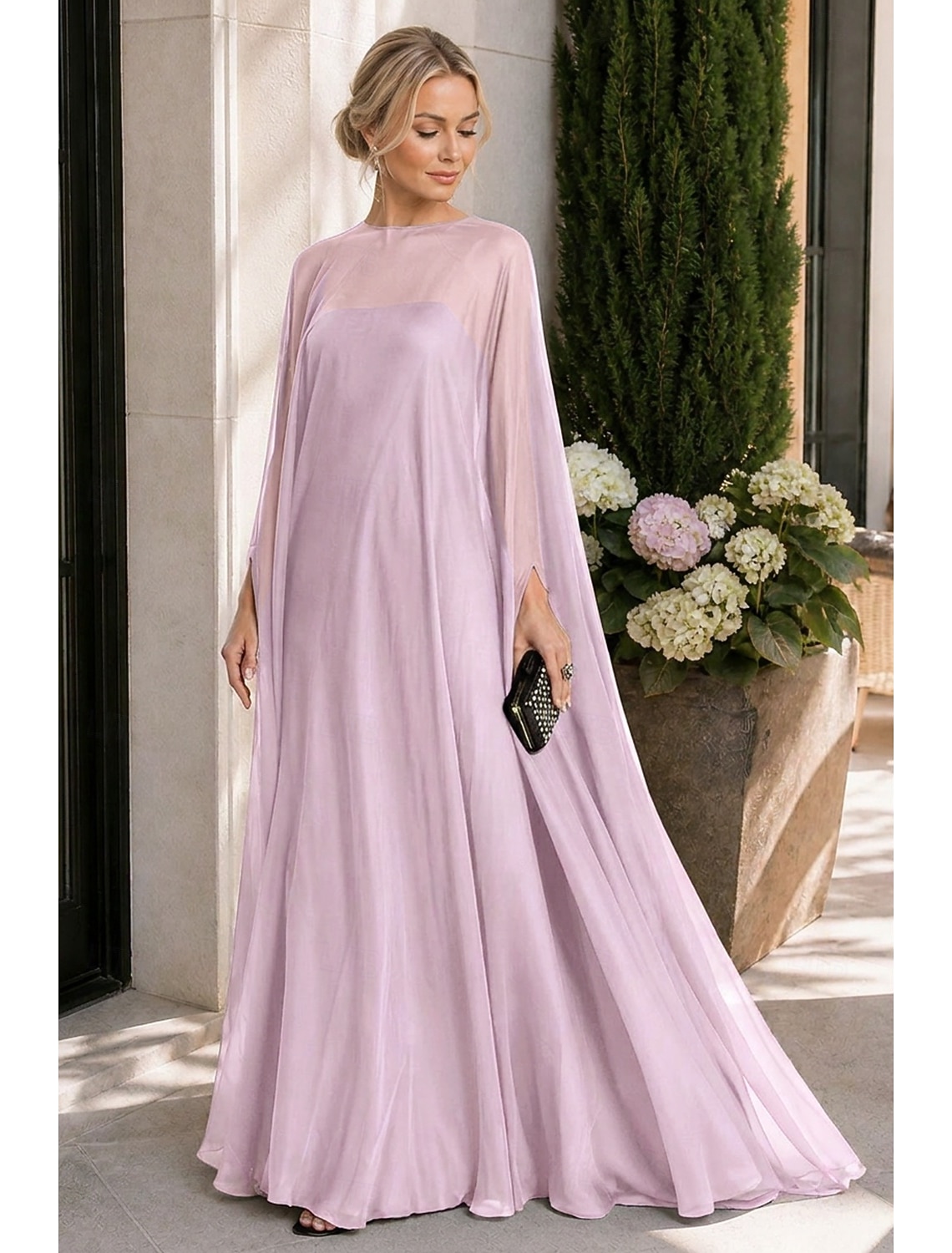 Sheath Evening Gown Empire Dress Formal Evening Sweep / Brush Train Long Sleeve Boat Neck Fall Wedding Guest Chiffon with Pleats dress to impress