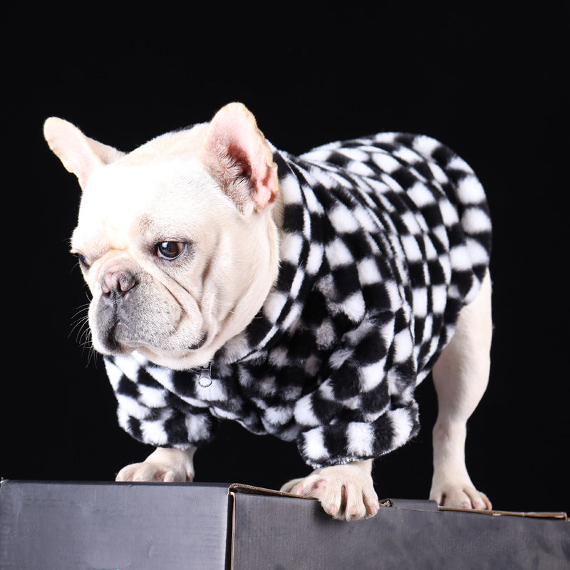 Frenchie Checkered Dog Coat – Soft Warm Winter Outfit for Small Dogs