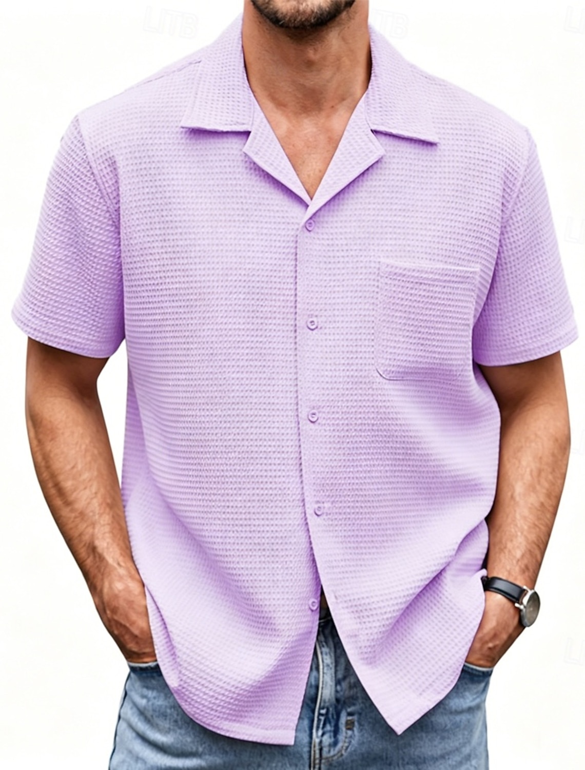 Men's Shirt Waffle Shirt Casual Shirt Button Up Shirt Jacquard Shirt Black White Pink Navy Blue Purple Short Sleeve Plain Shirt Collar Casual Daily Front Pocket Clothing Apparel Elegant Fashion Casual