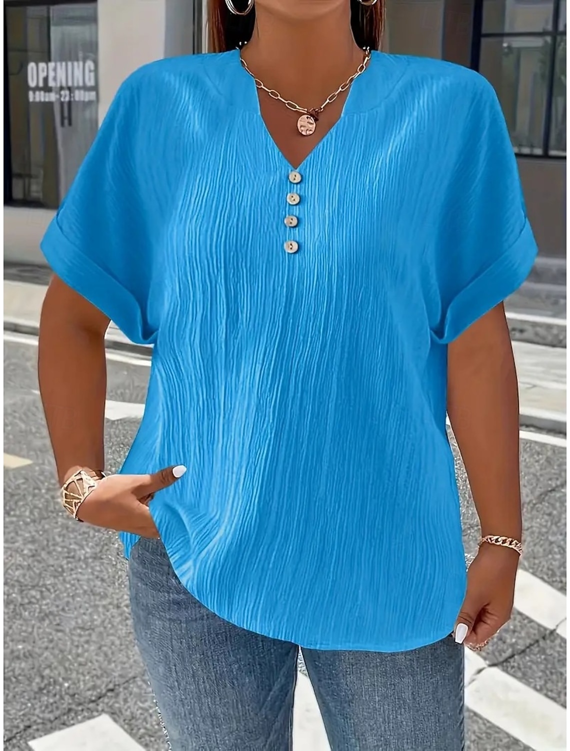 Women's Plus Size Shirt Blouse Texture Buttons Solid Color Vintage Stylish Short Sleeve V Neck Regular Tops Casual Going out Blue Teal Black White Summer Spring