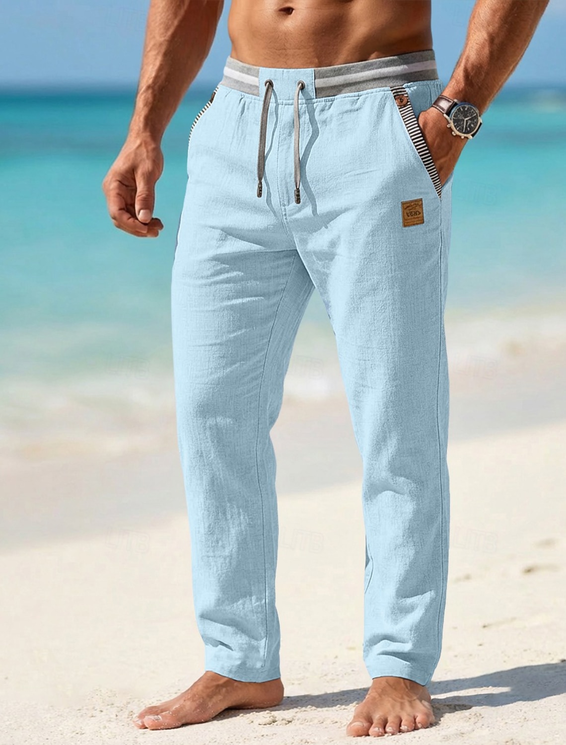 Men's Linen Pants Summer Pants Drawstring Elastic Waist Straight Leg Plain Comfort Breathable Full Length Casual Daily Beach Vacation Fashion Blue Black Inelastic