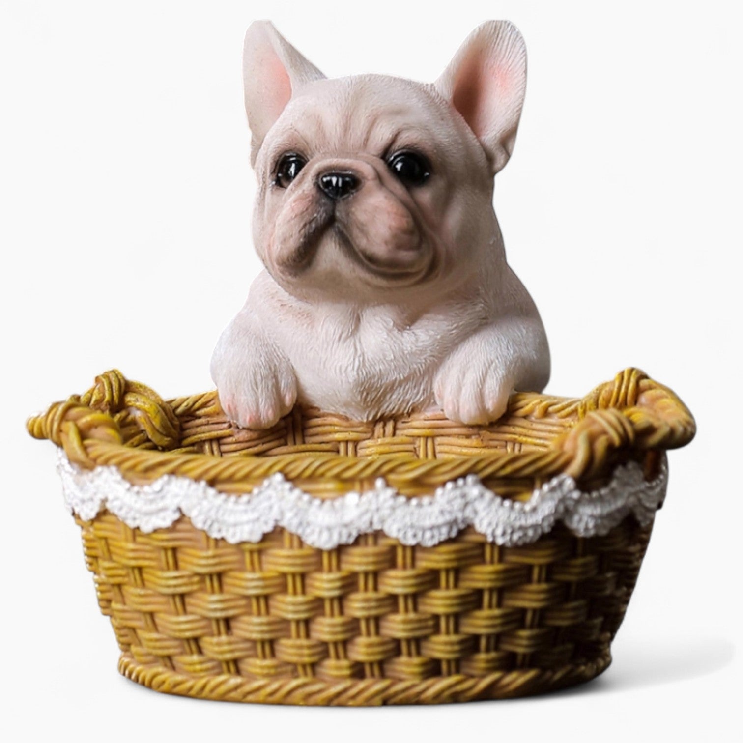 FetchTray Frenchie Basket Storage Tray – Cute Resin Dog Figurine for Home Decor