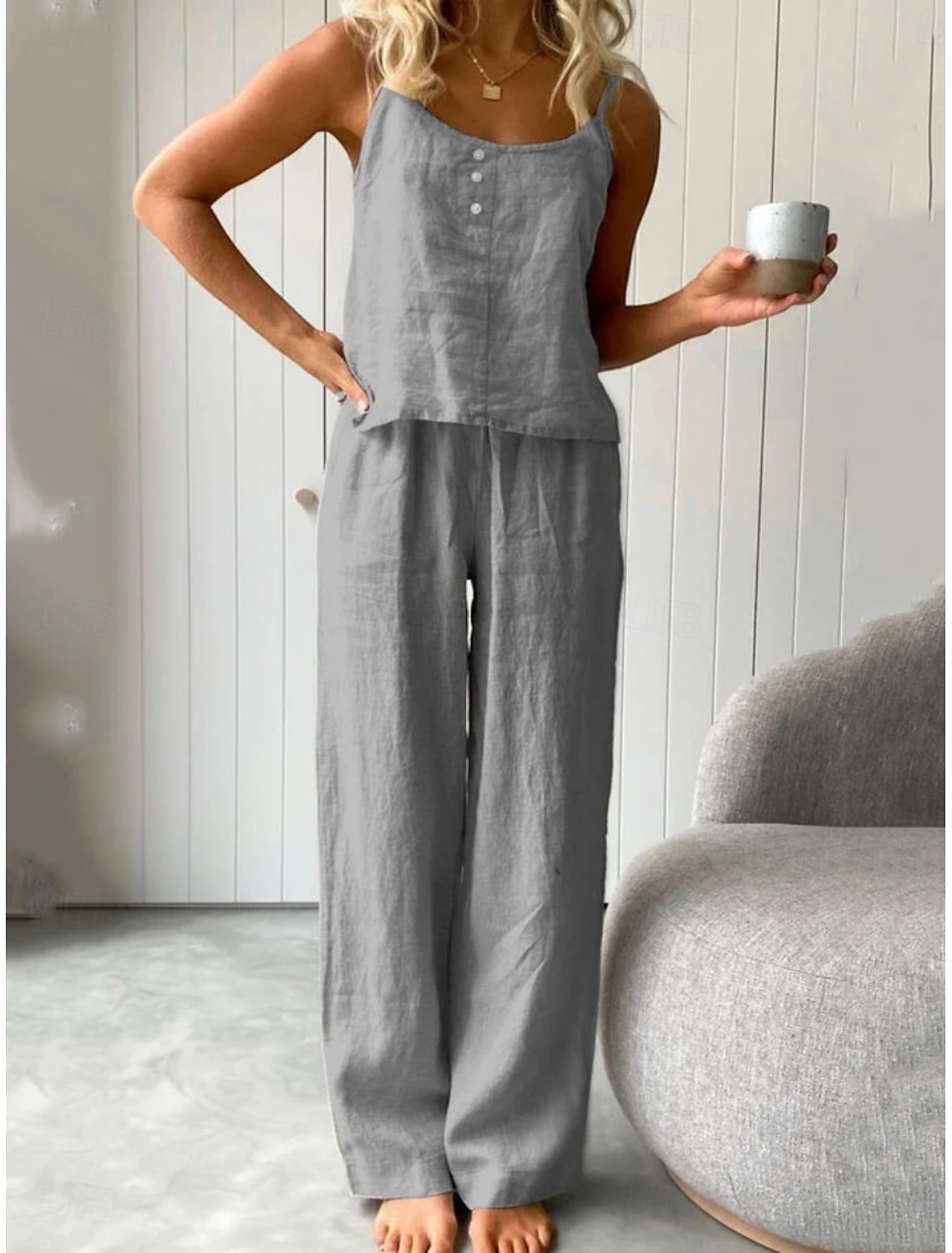 Women's Cotton Linen Sets Two Piece Sets Camis Sleeveless Crew Neck Plain Fashion Streetwear Casual Daily Outdoor Blue White Light Grey Summer Regular Fit