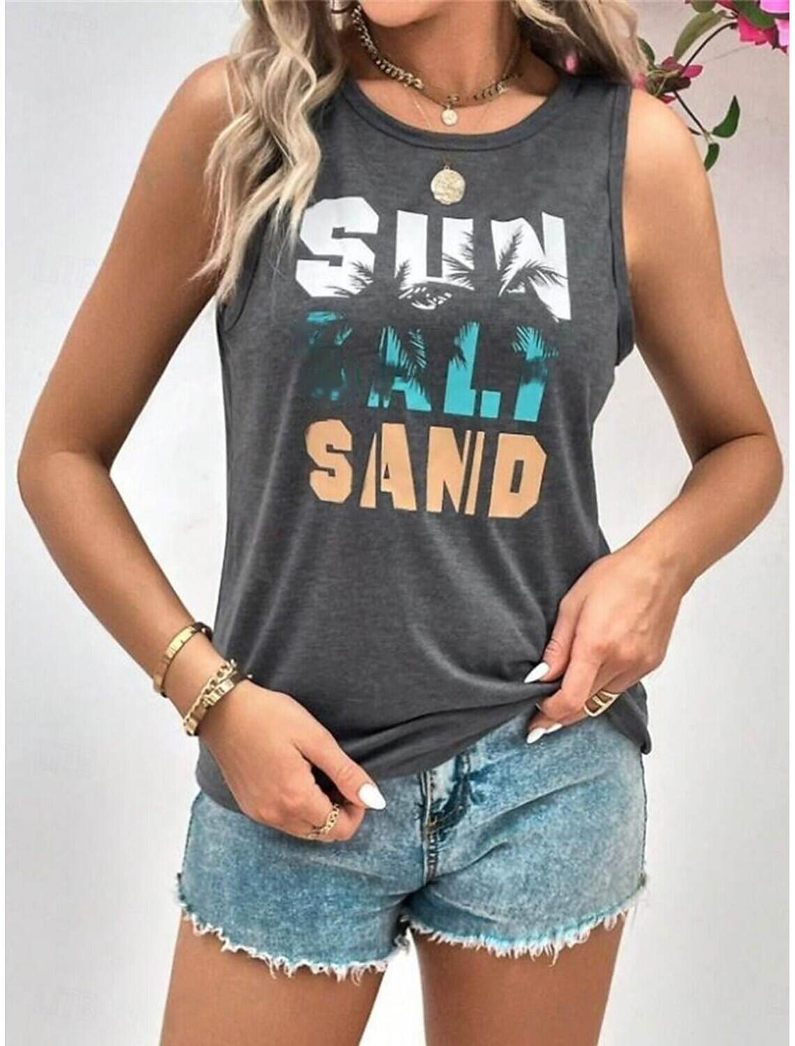 Women's Tank Top Vest Vacation Tropical Fashion Letter Print Sleeveless Regular Tops Crew Neck Casual Summer