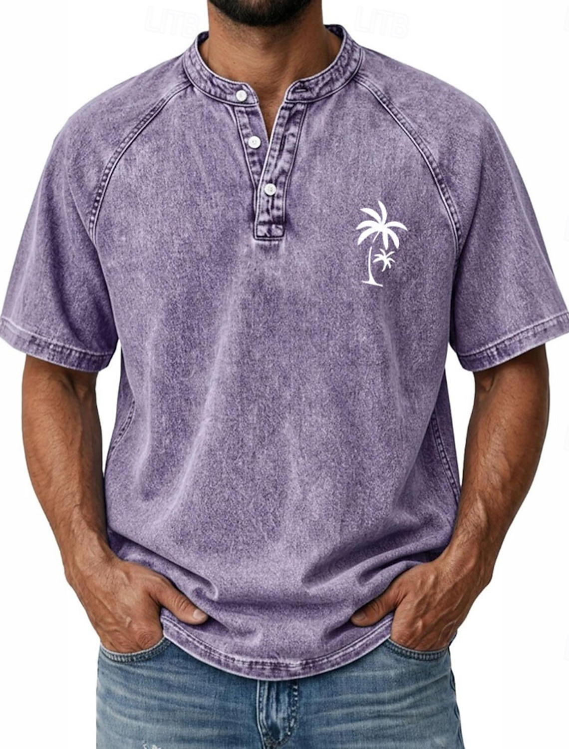 SoftFade™ Men's Coconut Tree T Shirt Demin Shirt 100% Cotton Acid Wash Shirt Short Sleeve Vintage Streetwear Casual Home Street Summer Spring Black Light Green Light Blue Stand
