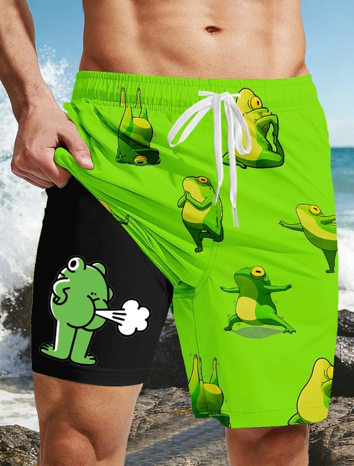 Men's Funny Duck Slang Lined Shorts 2 in 1 Board Swim Mid Waist