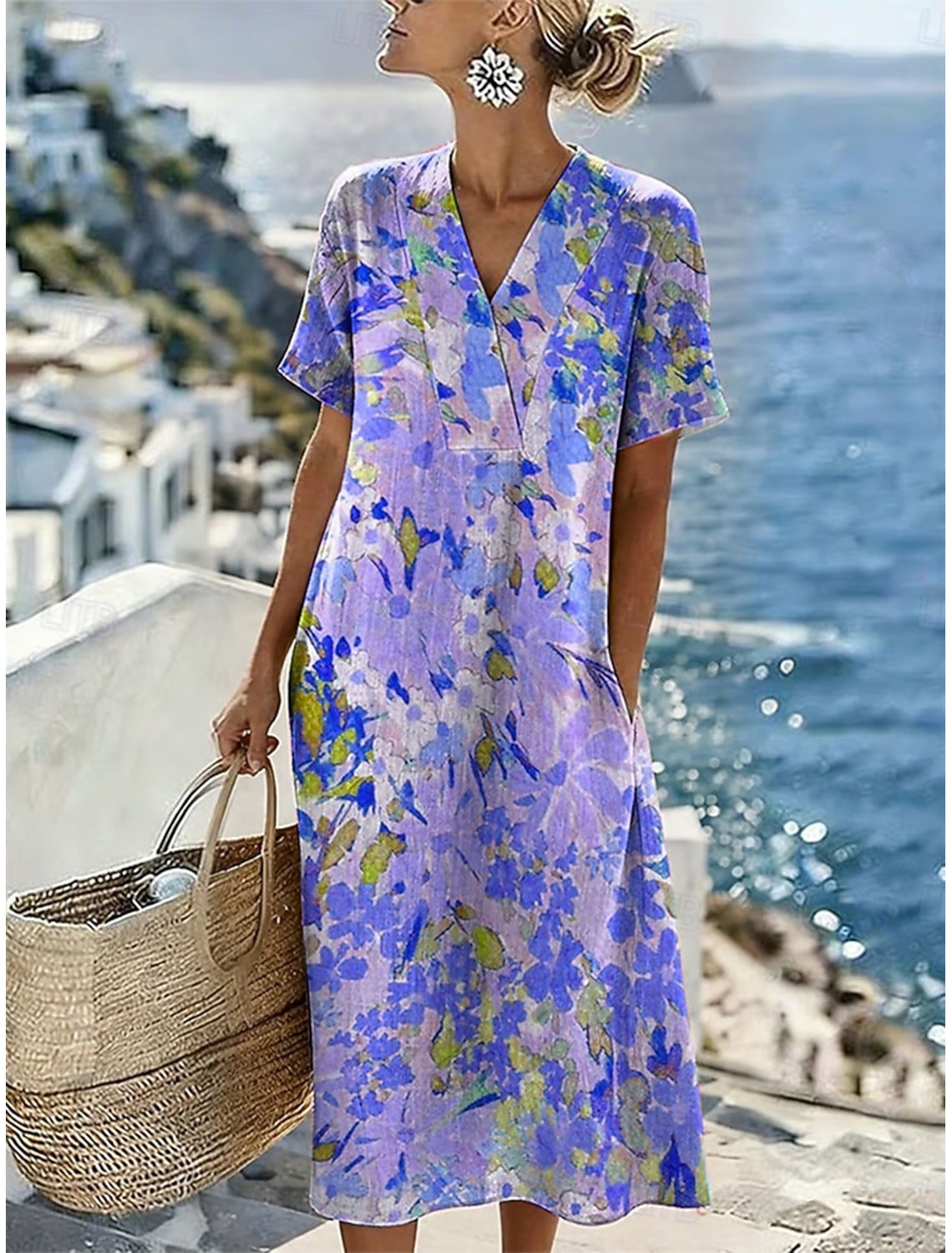 Women's Midi Dress Sundress Casual Dress Vacation Casual Beach Beach Loose Fit Floral Graphic Short Sleeve V Neck Blue Yellow Pink Purple Summer Spring