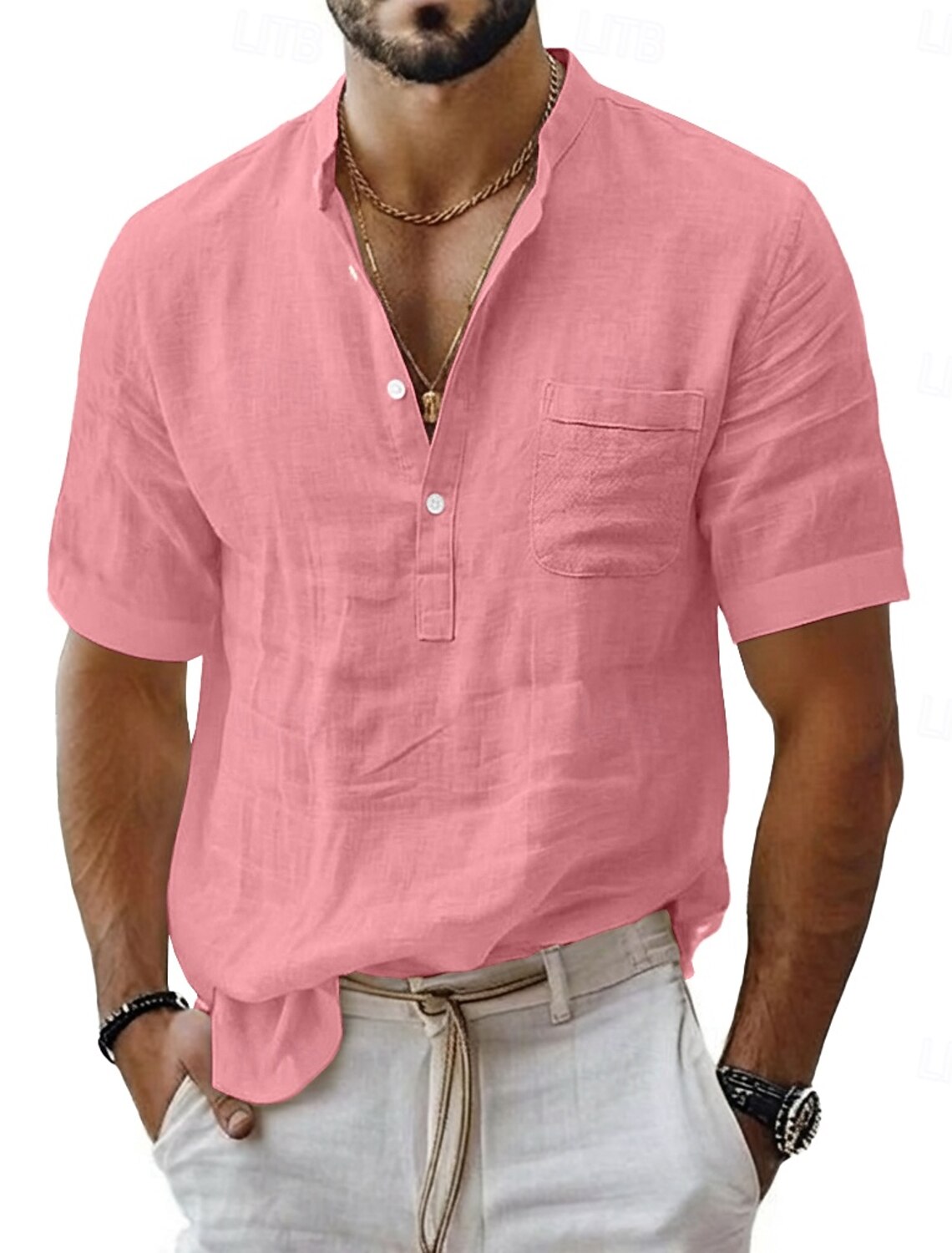 Men's Linen Shirt Popover Summer Beach Wear Band Collar Plain Casual