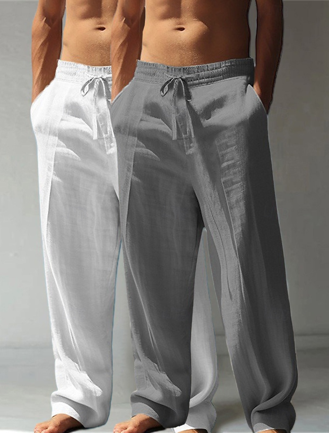 Men's Linen Pants Trousers Summer Pants Baggy Pants Beach Pants Drawstring Elastic Waist Straight Leg Plain Comfort Breathable Full Length Casual Daily Holiday Vacation Classic Style Green+Gray