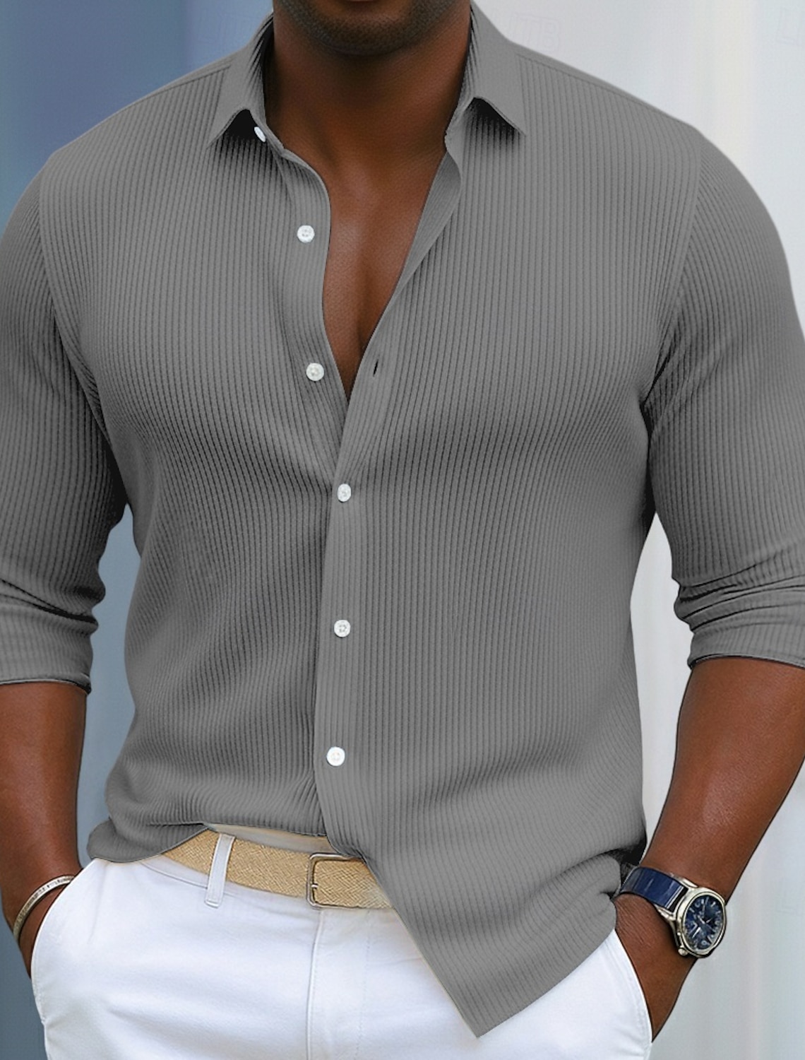 Men's Shirt Corduroy Button Up Blue Black White Navy Purple Long