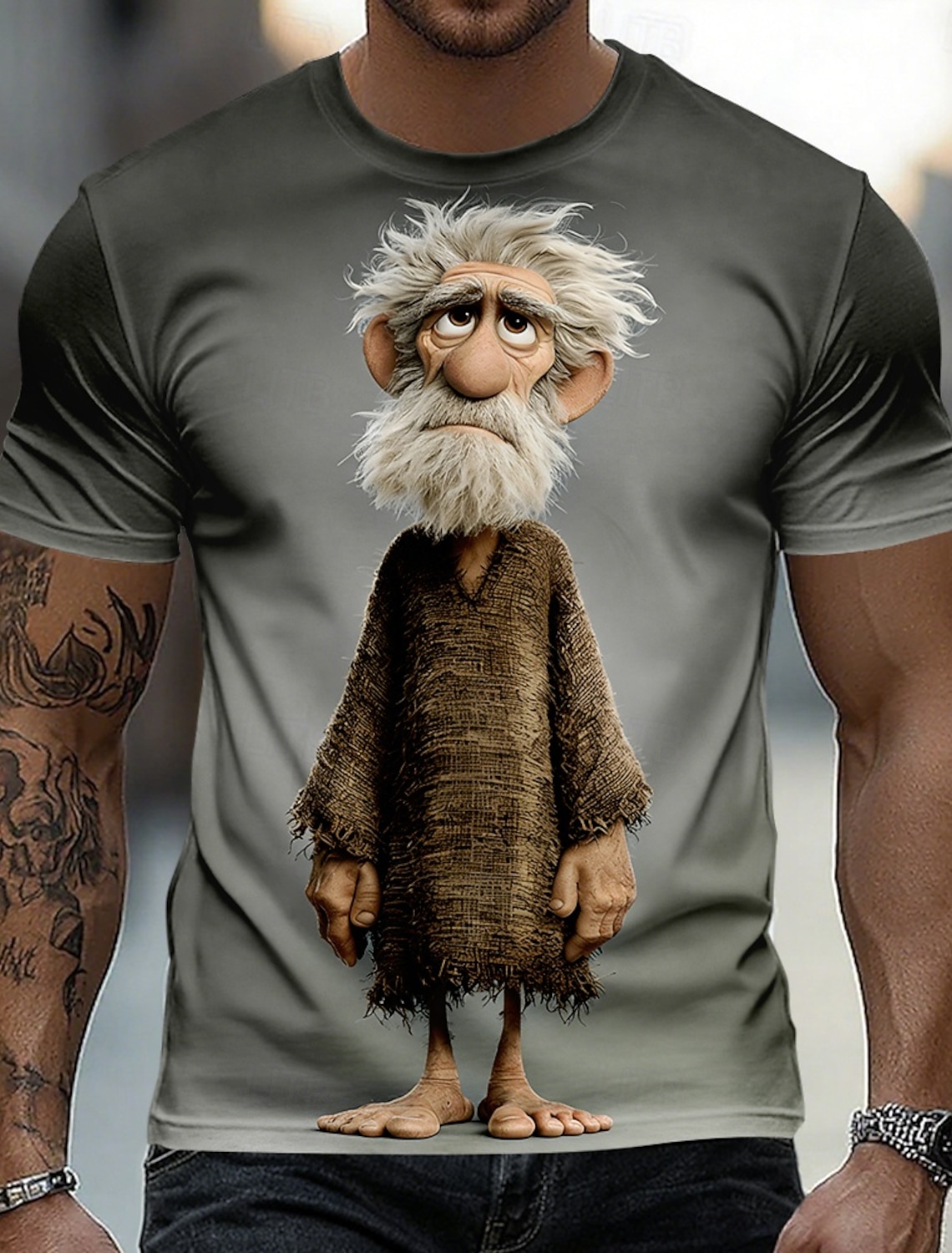 Funny 3D Graphic Cool Old Man with White Beard & Sunglasses Men's Teal T-Shirt - Quirky Grandpa Caricature Design Short Sleeve Crew Neck Summer Beach Holiday Tee - Unique Father's Day Gift Apparel