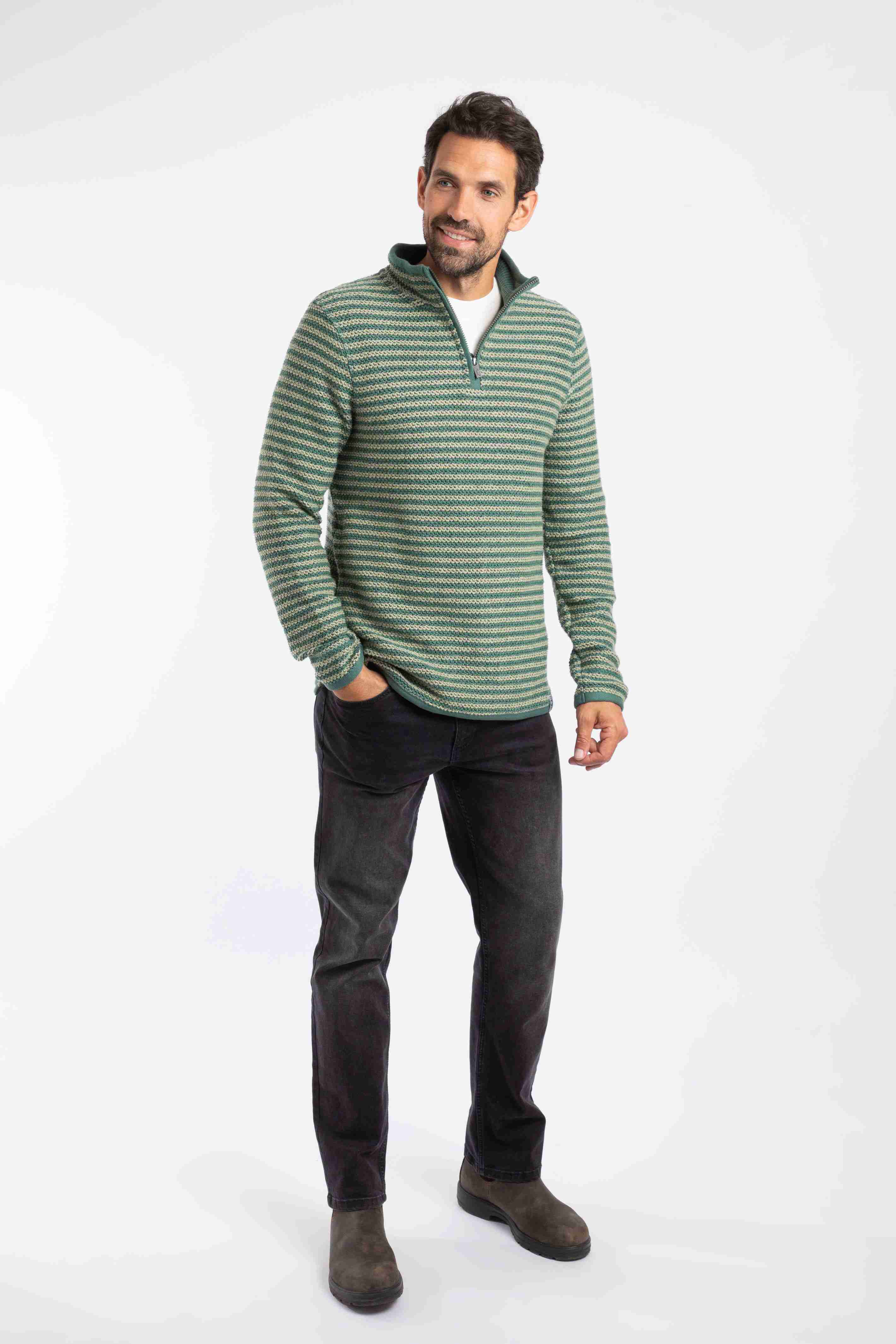 Shorling 1/4 Zip Striped Macaroni Sweatshirt Army Green