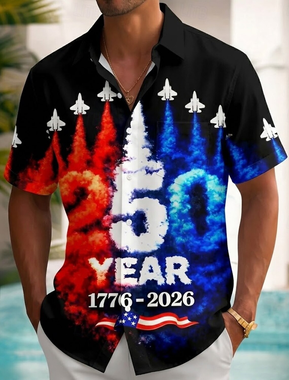 Men's 4th of July U.S. 250th Anniversary Jet Fighter US Flag Shirt Summer Shirt Button Up Shirt Short Sleeve Patriotic Outdoor Holiday Summer Spring Turndown 3D Print Collared Shirts Front One Pocket