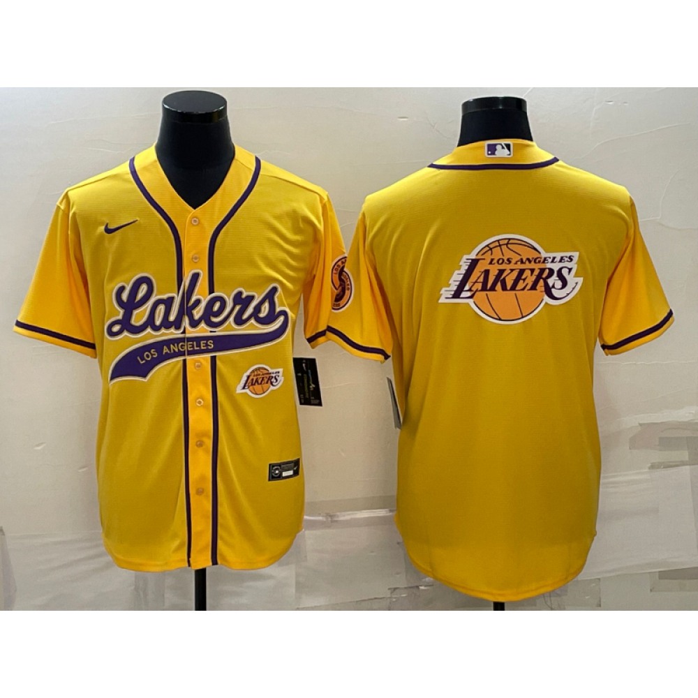 Men's Los Angeles Lakers Yellow Team Big Logo With Patch Cool Base Stitched Baseball Jersey