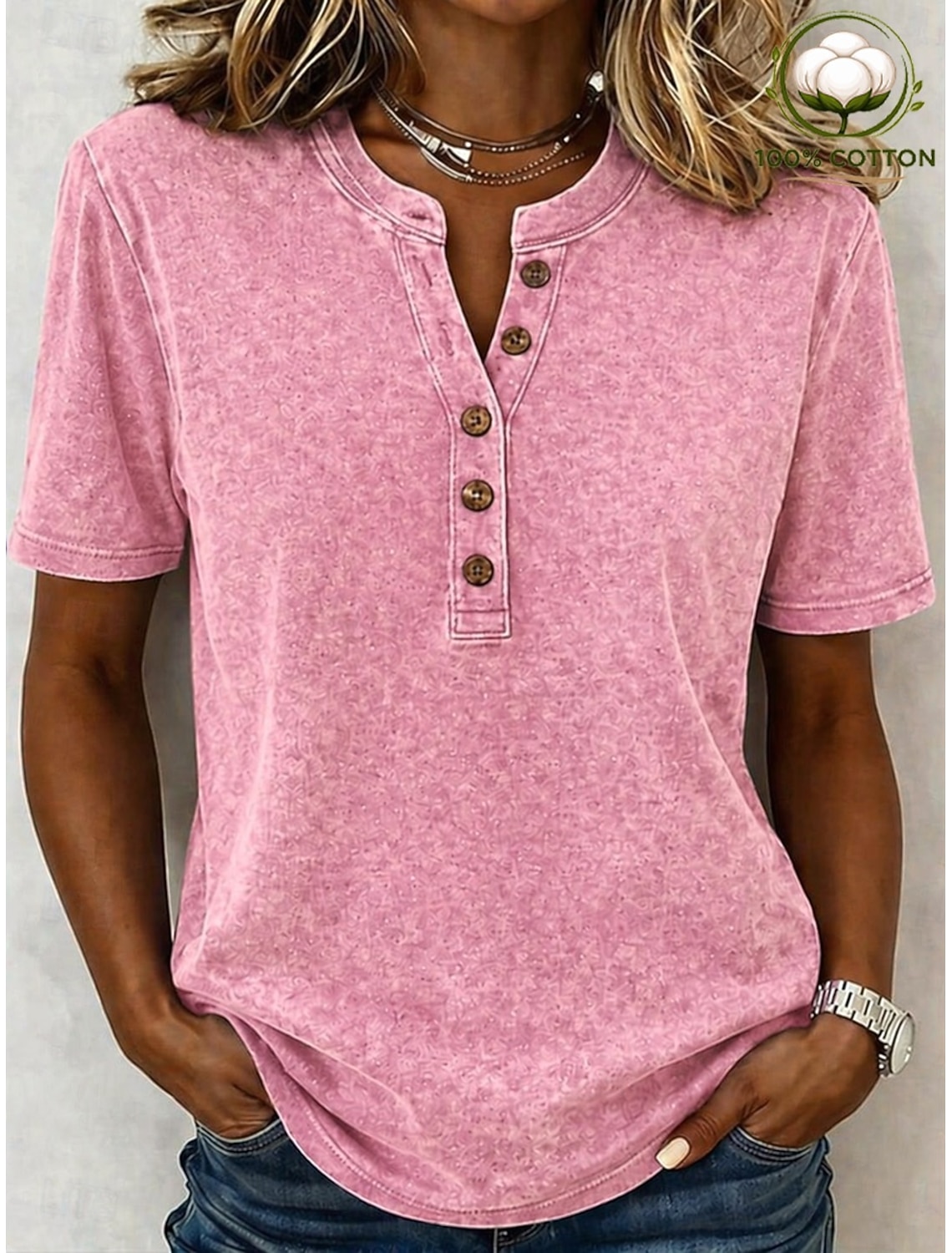 Women's Vintage 100% Cotton Henley Shirt - Soft Washed Short Sleeve Basic Tops