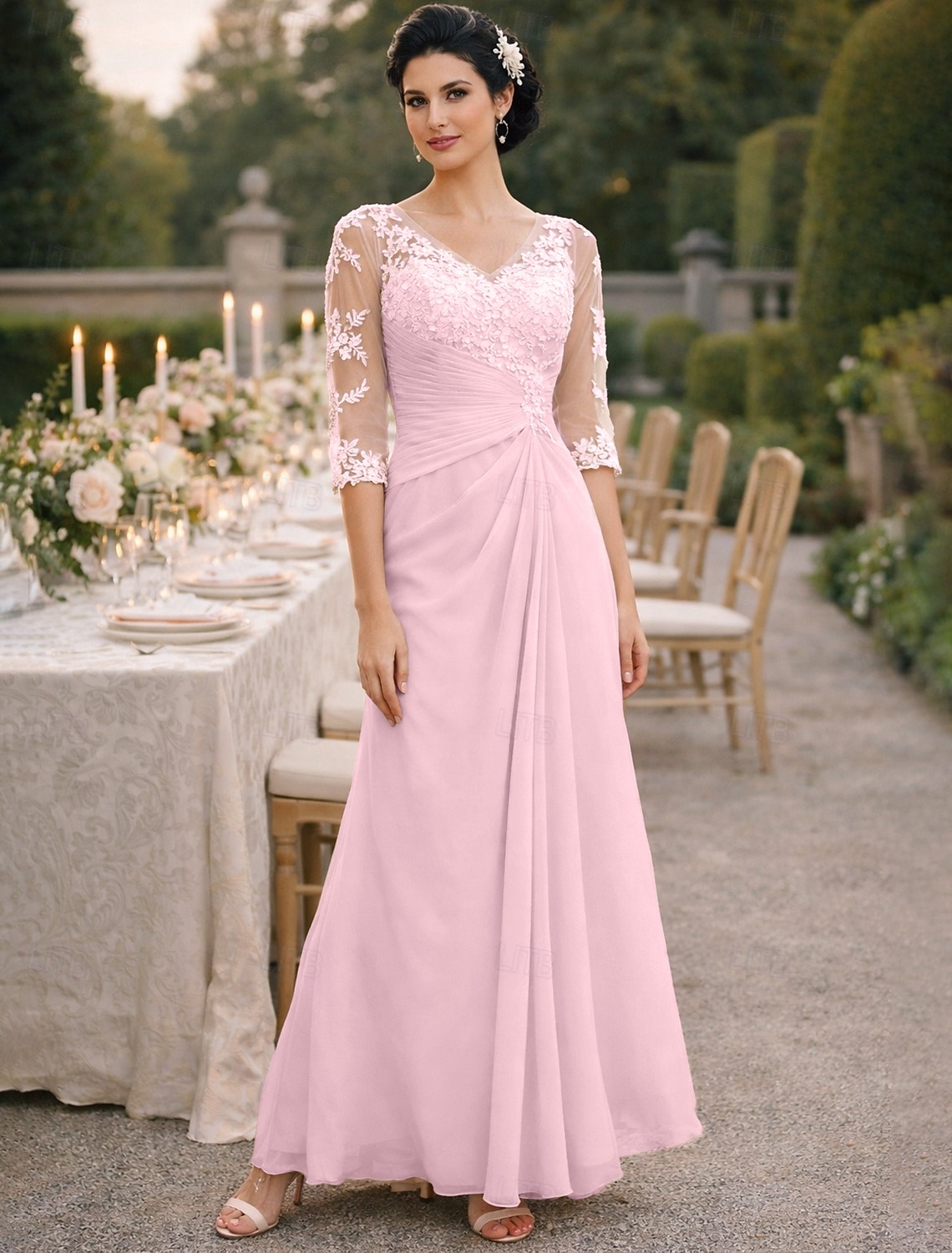 A-Line Floor Length Wedding Guest Dress Formal Dresses Evening Gown Mother of the Bride Dress Half Sleeve V Neck Elegant Plus Size See Through Wedding Guest Chiffon with Appliques Side Draping