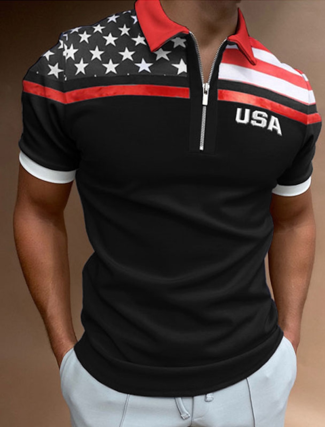 Men's Golf Shirt American Flag Polo Shirt Casual Daily Turndown Quarter Zip Short Sleeve Fashion Casual Flag Zipper Quarter Zip Spring & Summer Regular Fit Navy Blue Dark Green Gray Golf Shirt