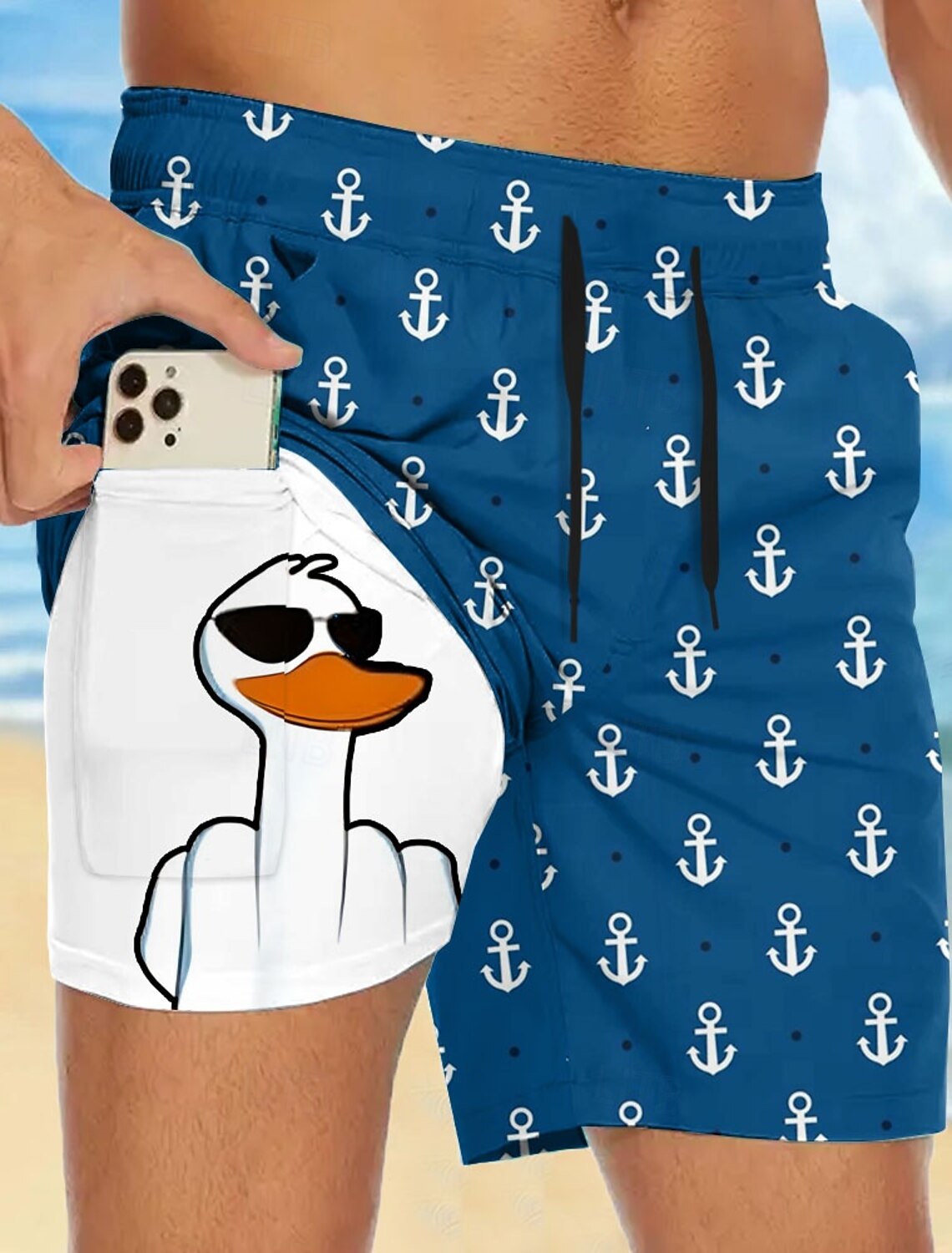 Men's Funny Duck Slang Lined Shorts 2 in 1 Board Swim Mid Waist