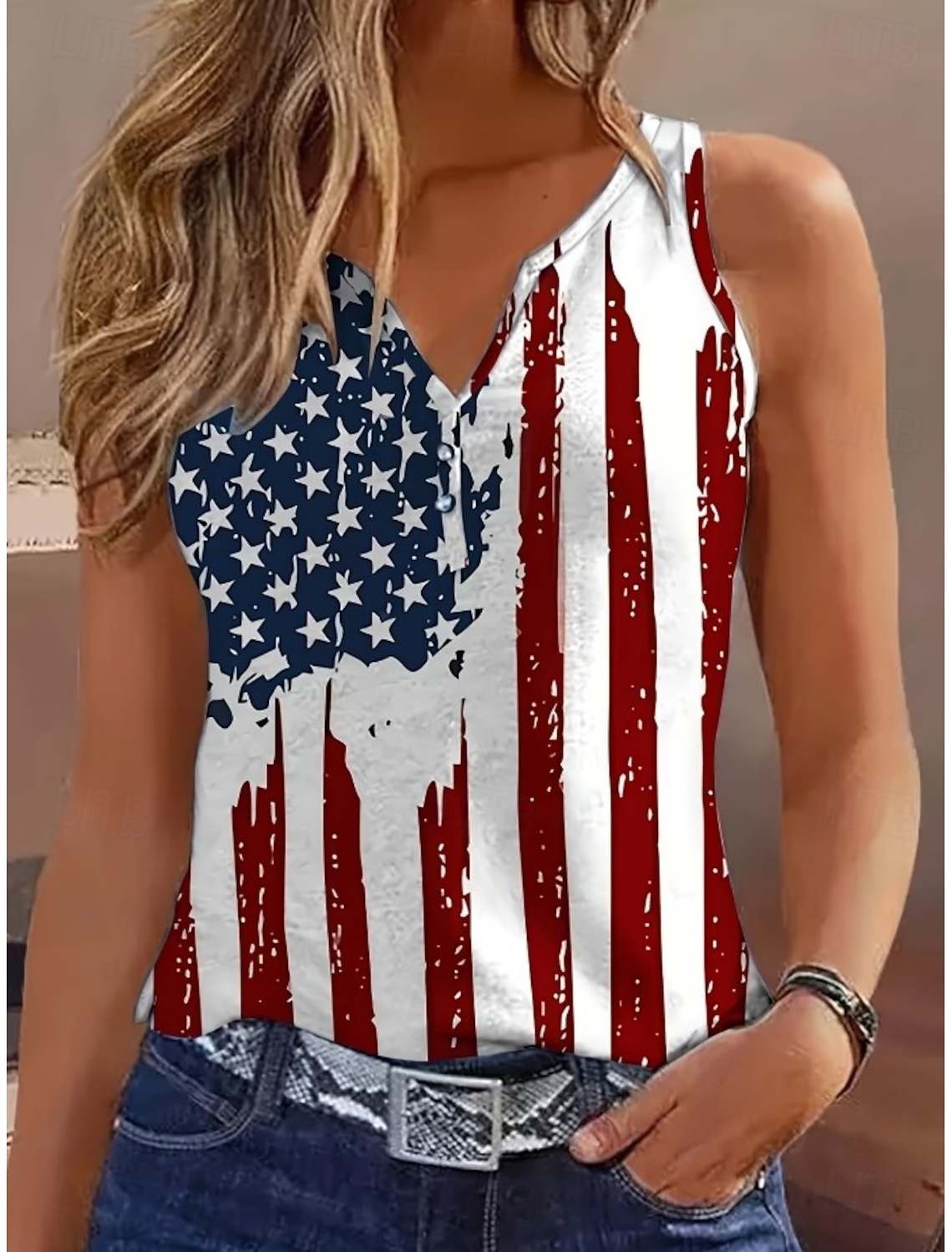 Independence Day Patriotic Women's T Shirt Flag Stylish Classic Sleeveless V Neck Notched Neck Regular Tops Daily Buttons Print Blue Summer Spring