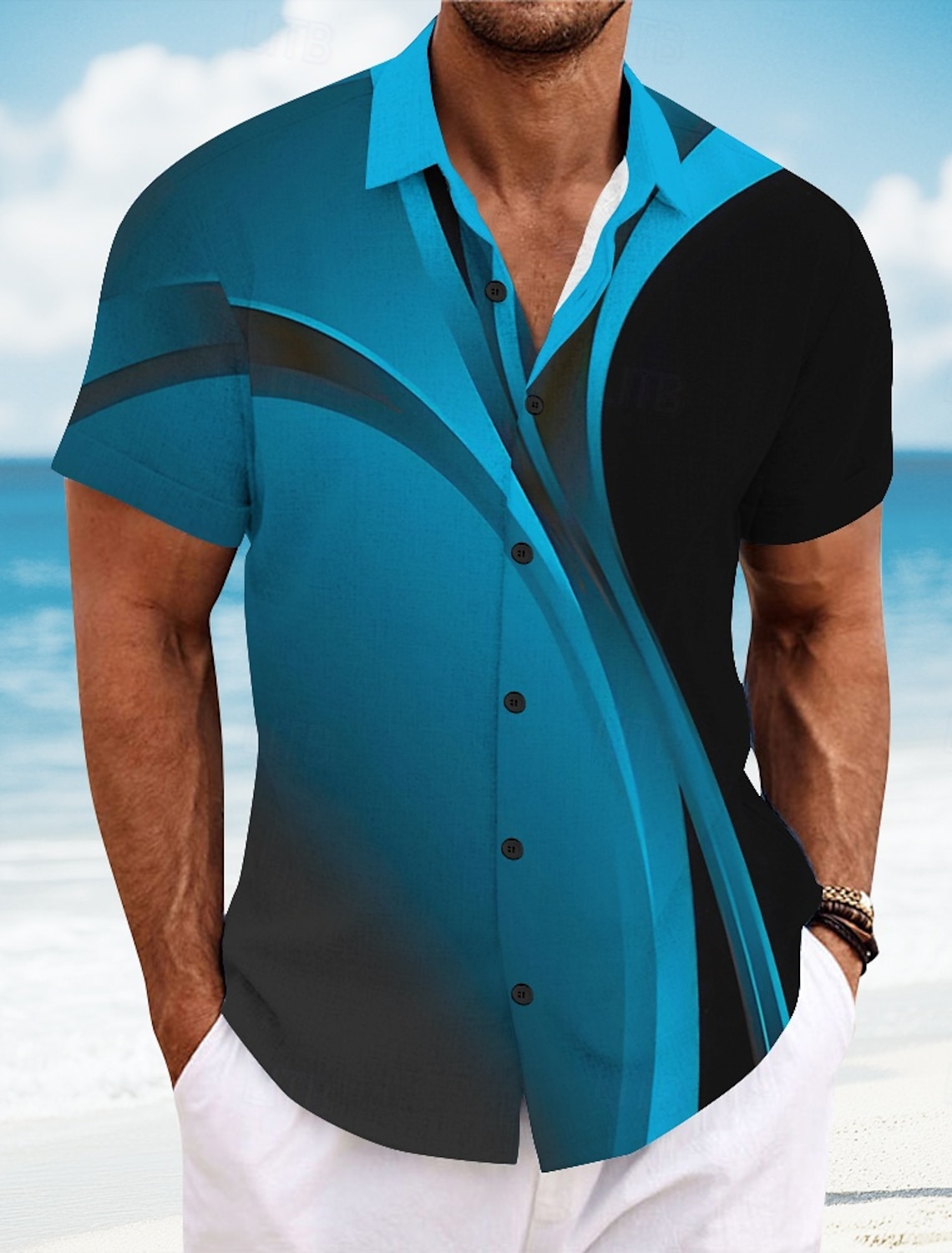 Men's Geometric Gradient Color Line Shirt Summer Button Up Short